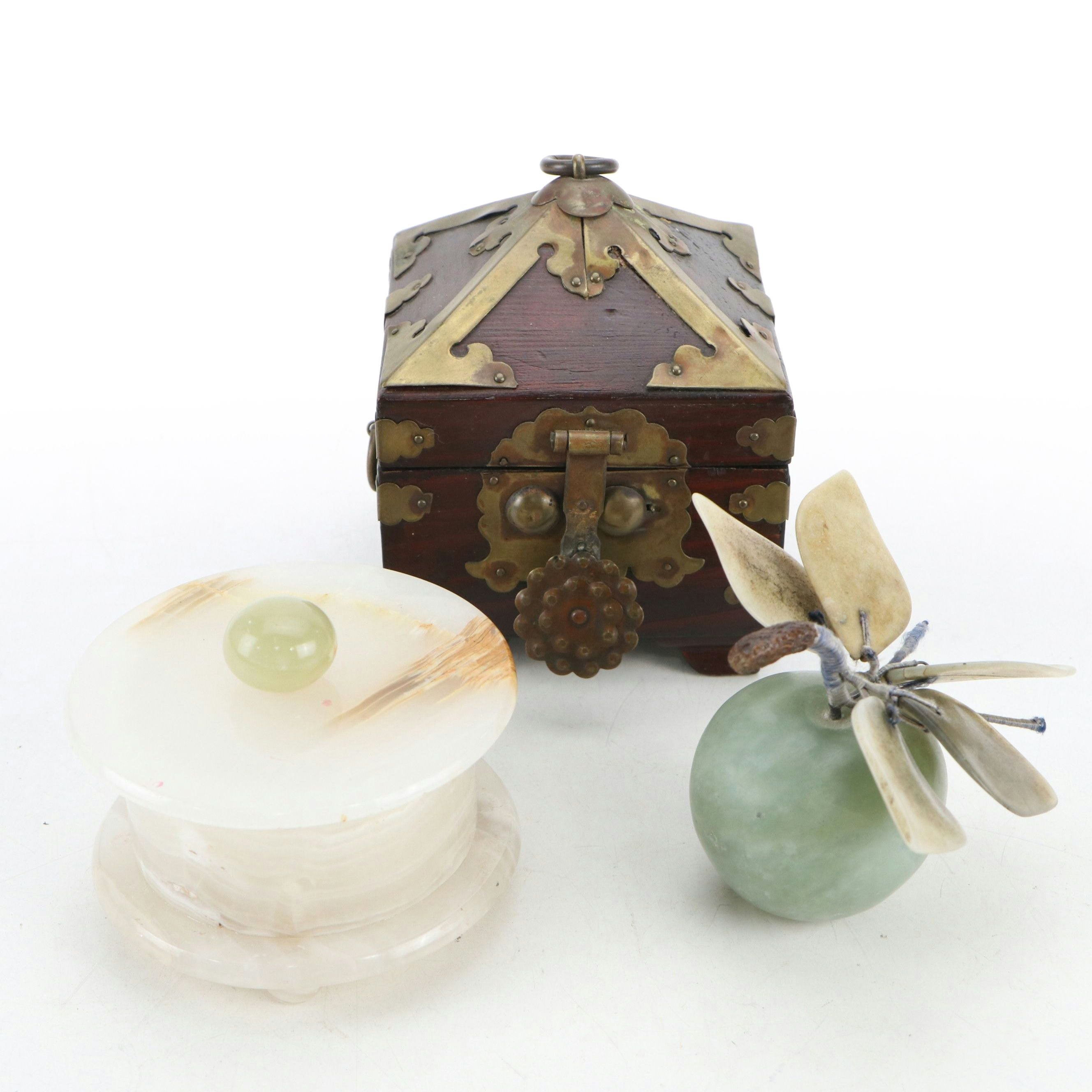 Carved Serpentine Apple with Korean Brass and Wood Box