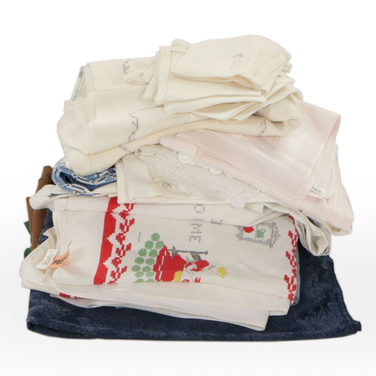 Embroidered White Table Cloth and Cocktail Napkins in Collection of Table Linens