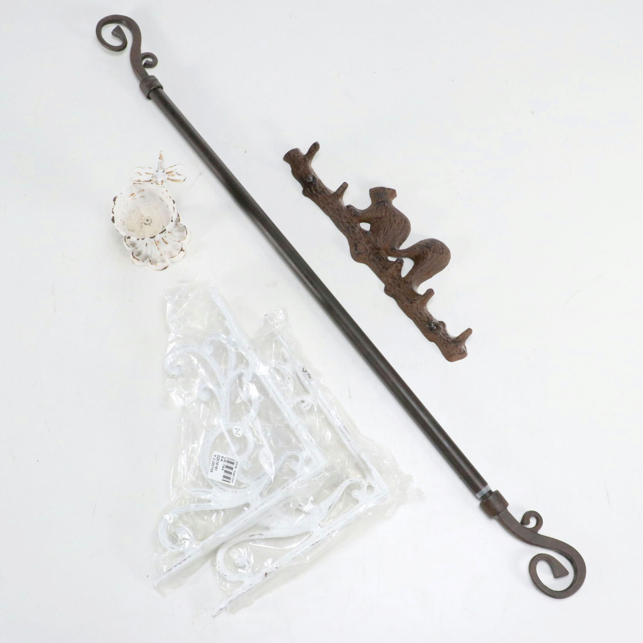 Cast Iron Squirrel Coat Hook with Curtain Rod and Brackets