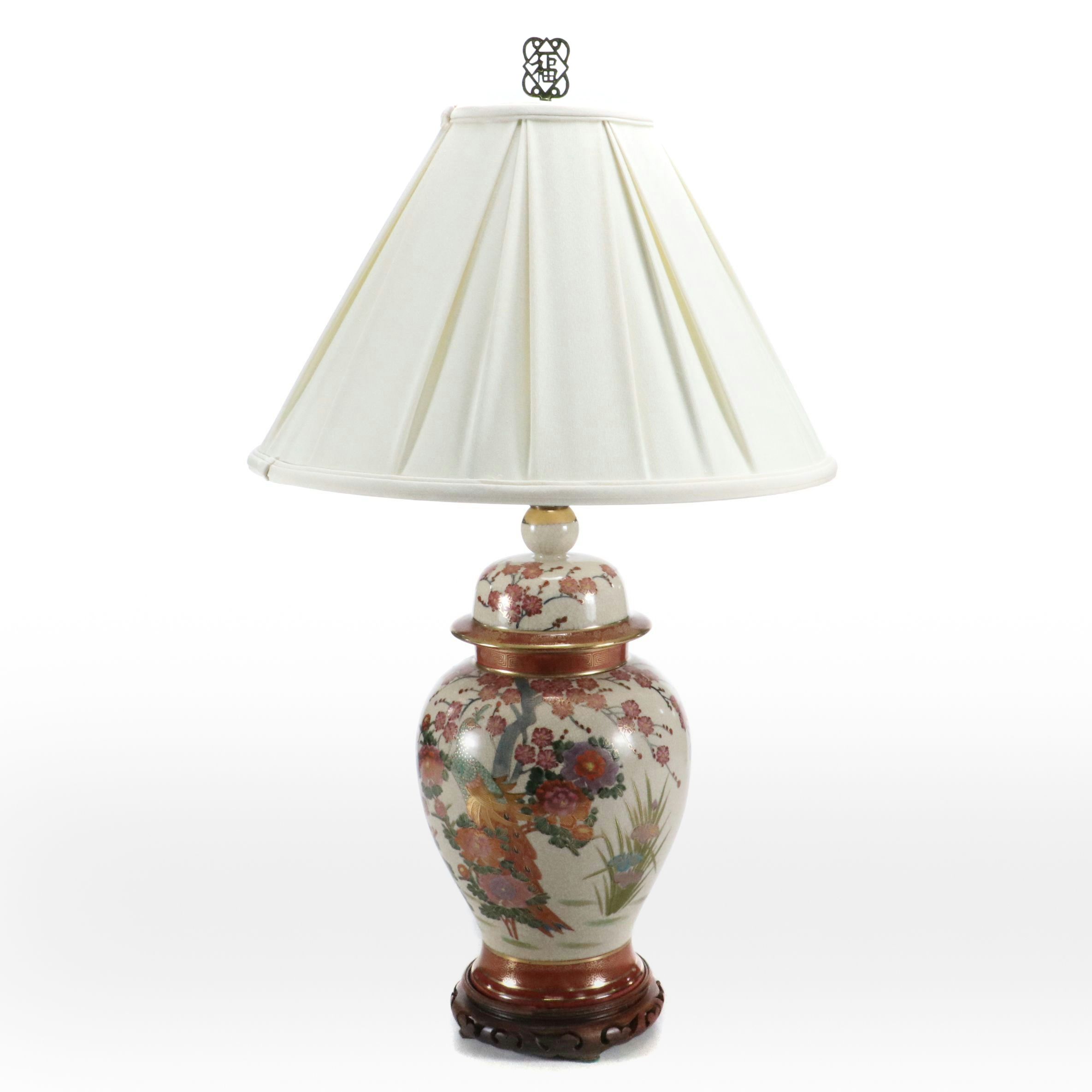 Chinese Satsuma Style Porcelain Ginger Jar Lamp with Box Pleat Silk Shade