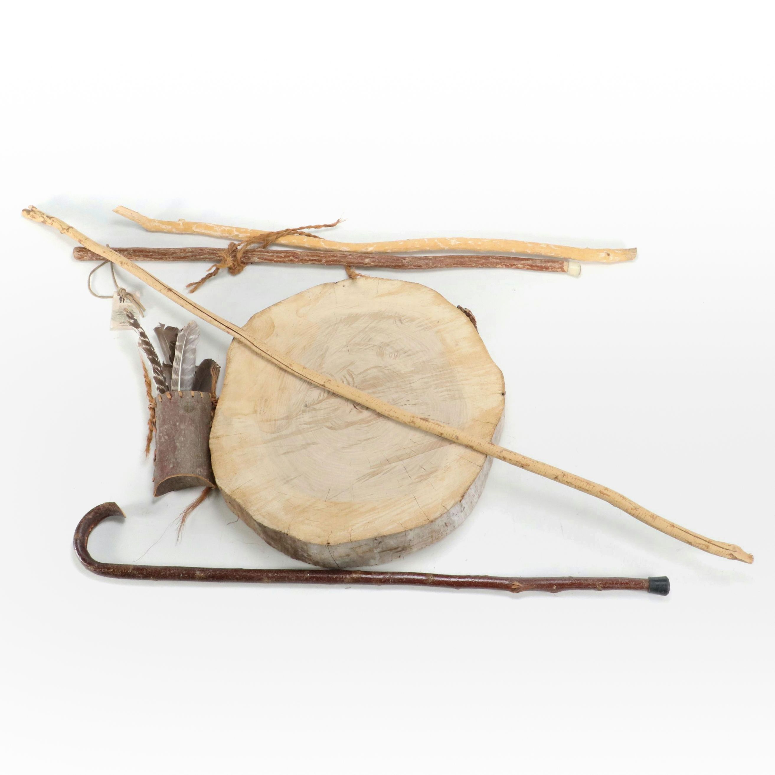 Bark Quiver with Wood Walking Sticks, Feathers and Log Slab