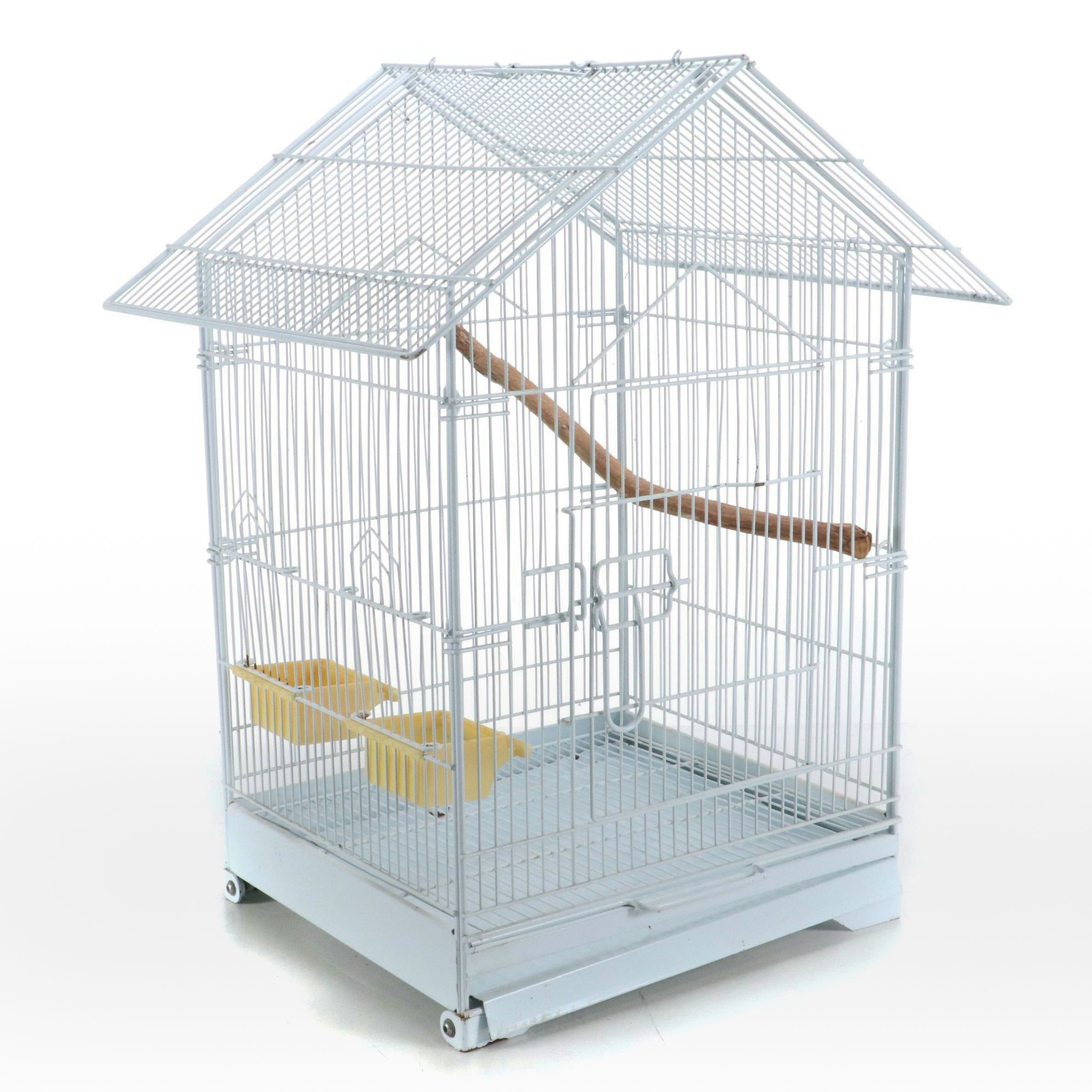White Metal Wire Bird Cage with Perch Branch and Food Bowls
