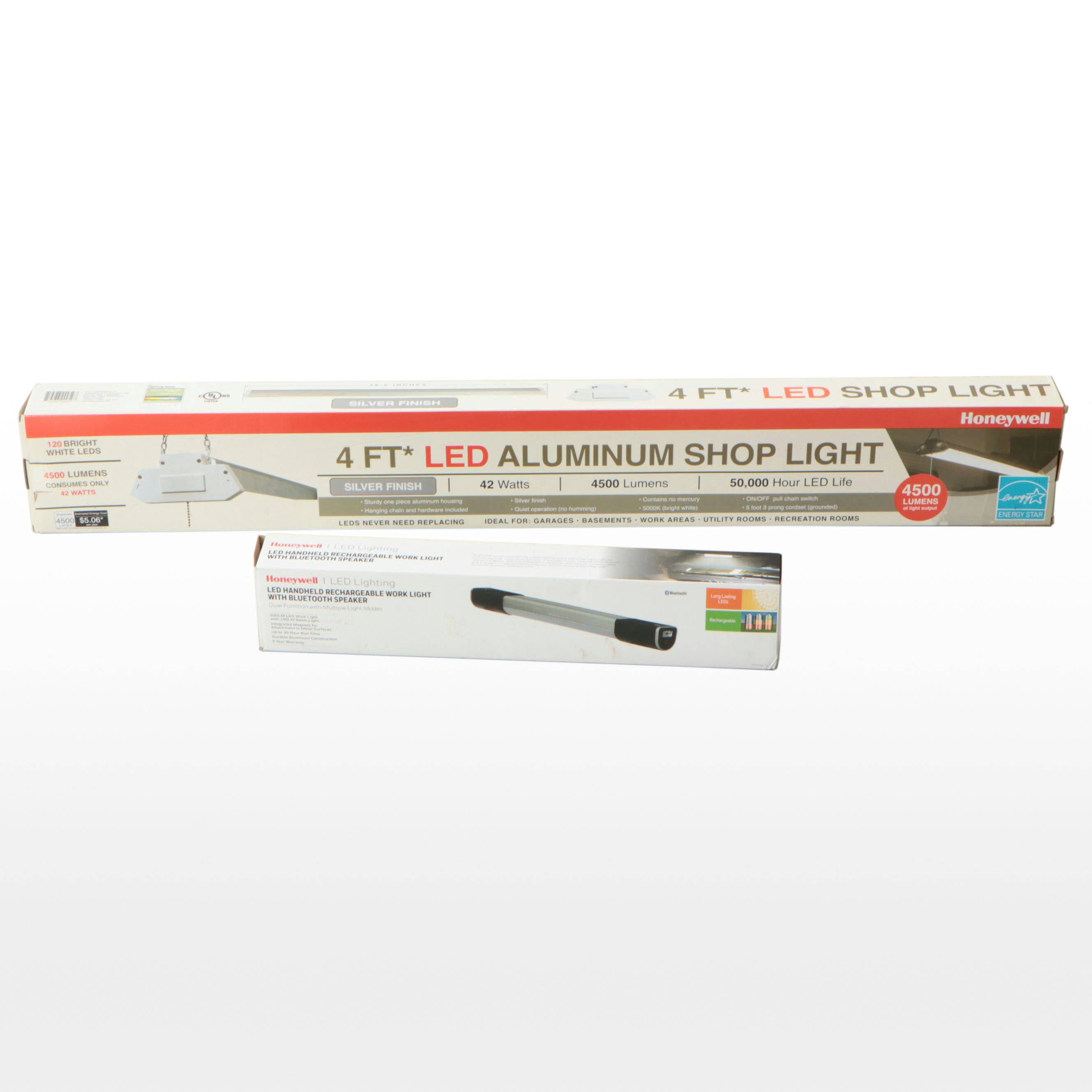 Honeywell Aluminum LED Shop Light and LED Handheld Work Light with Speaker