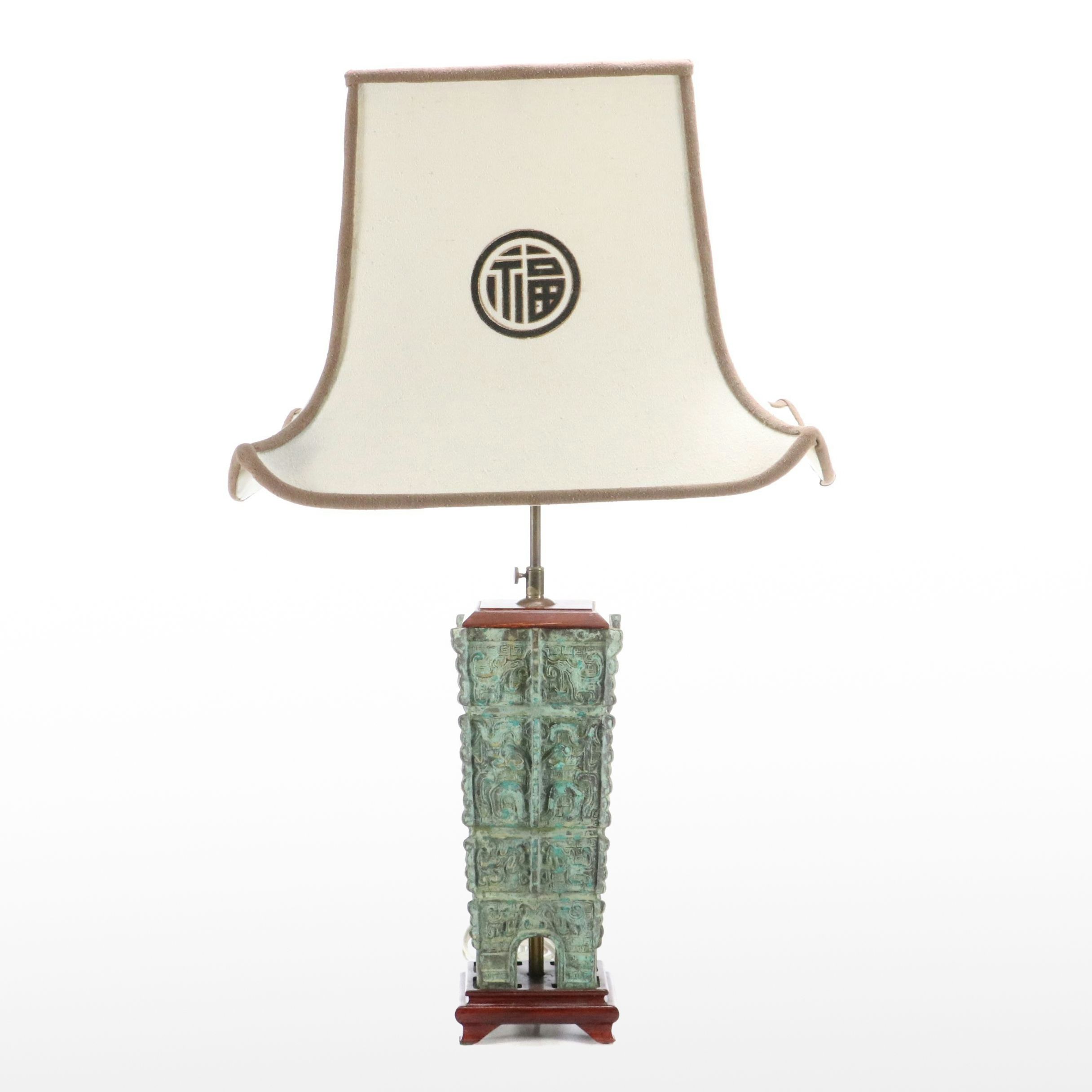 Chinese Bronzed Metal Archaistic Lamp with Square Pagoda Shade