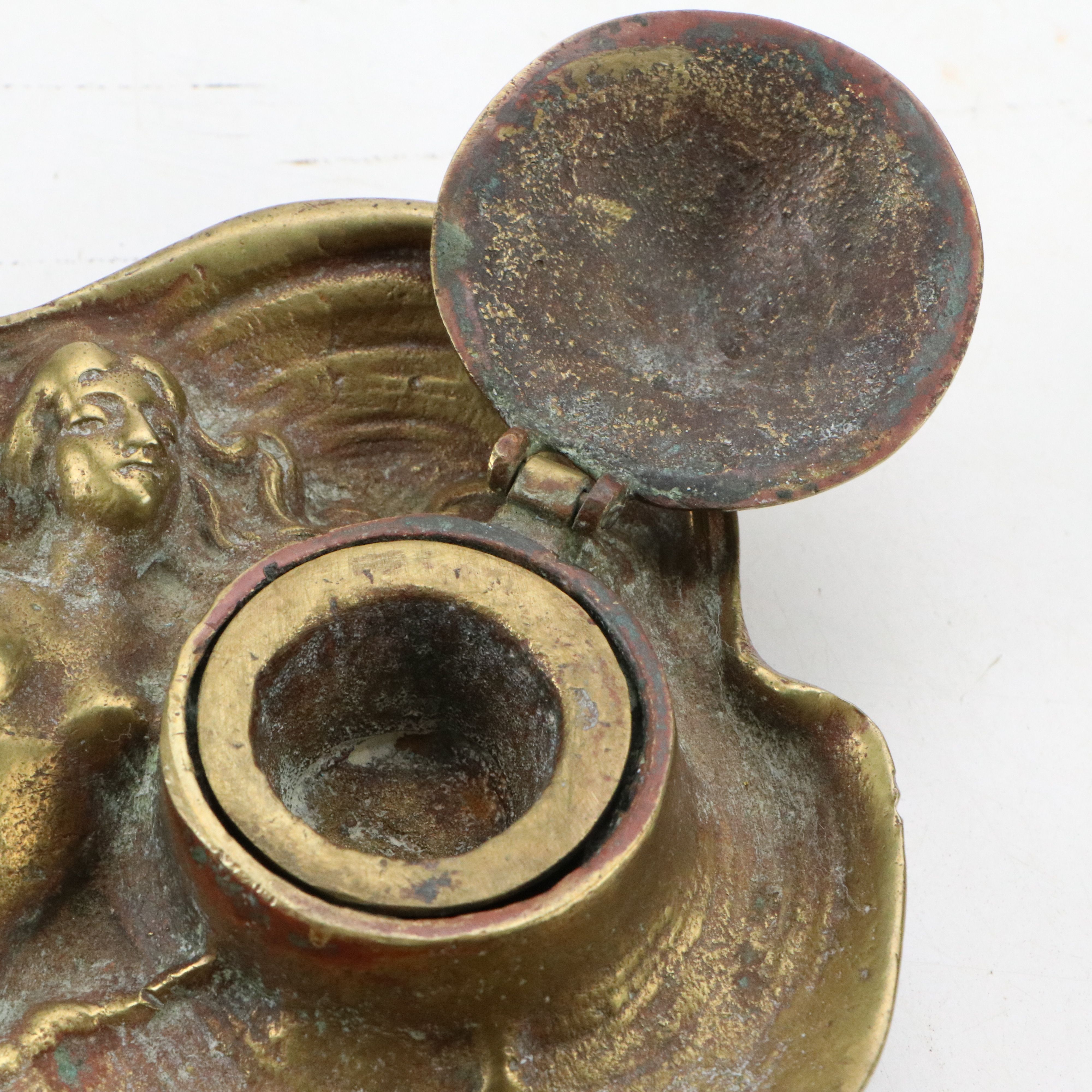 Art Nouveau Style Reclining Nude Figure Scallop Brass Inkwell