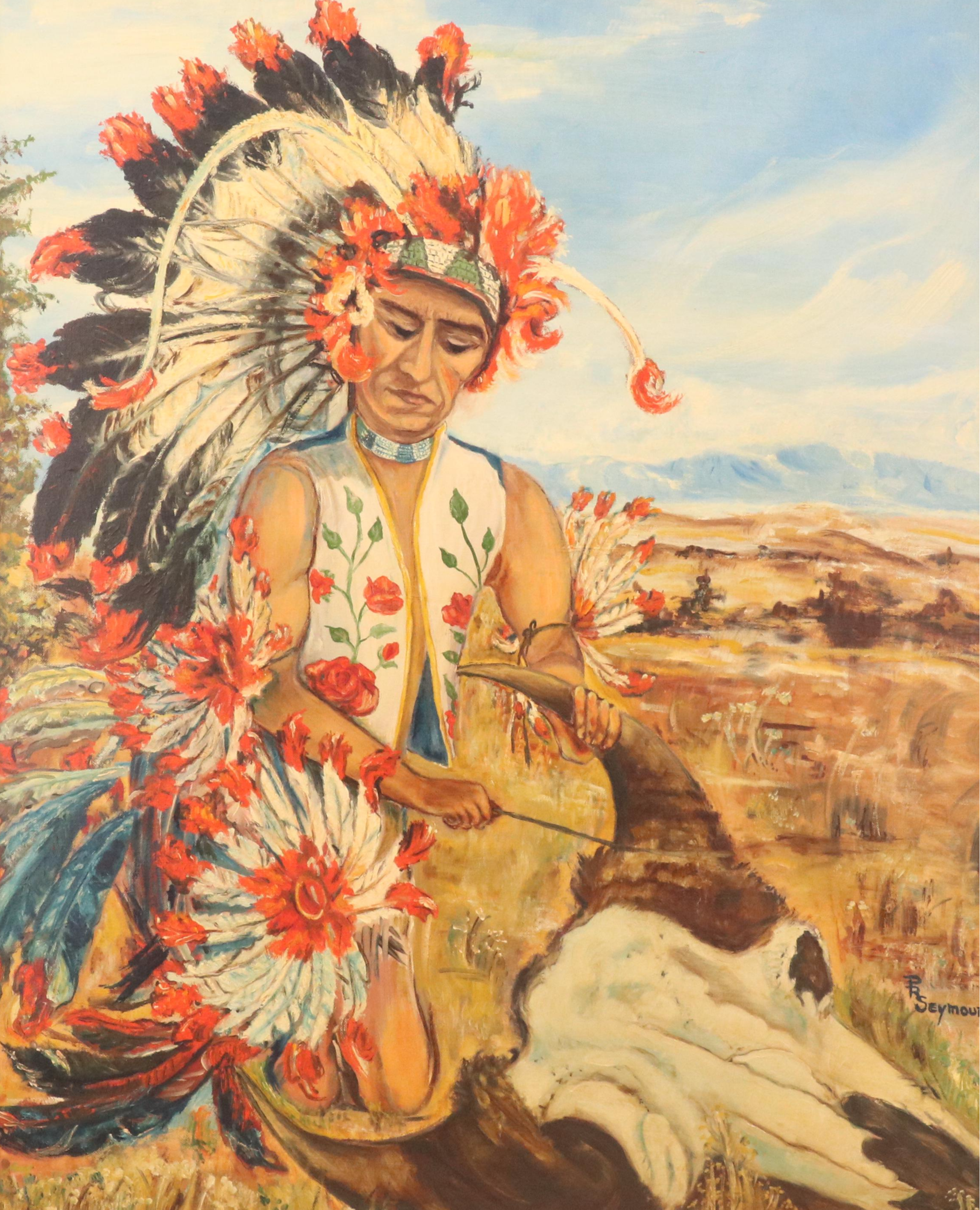 P. R. Seymour Oil Painting of Indigenous Person with Bison Skull