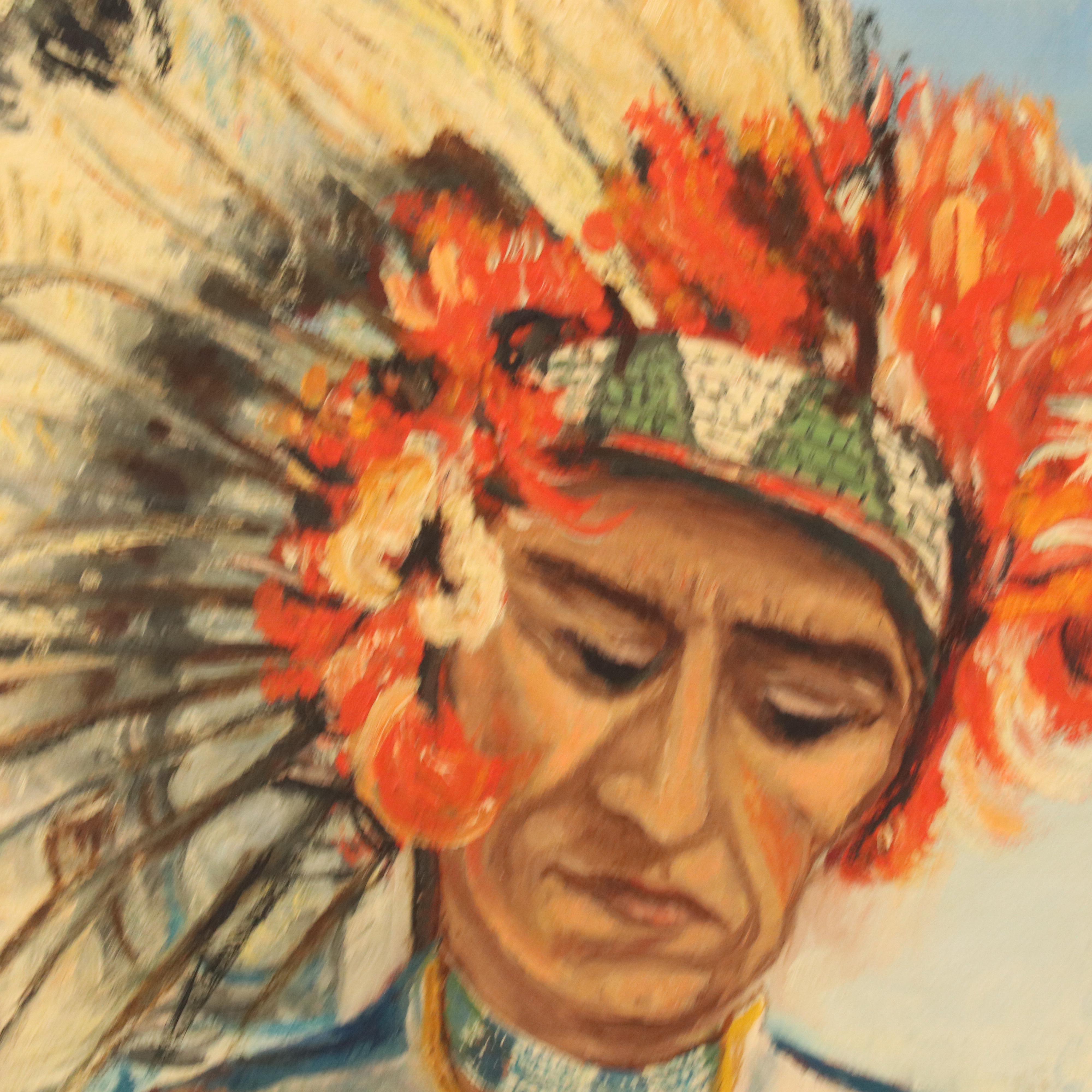 P. R. Seymour Oil Painting of Indigenous Person with Bison Skull