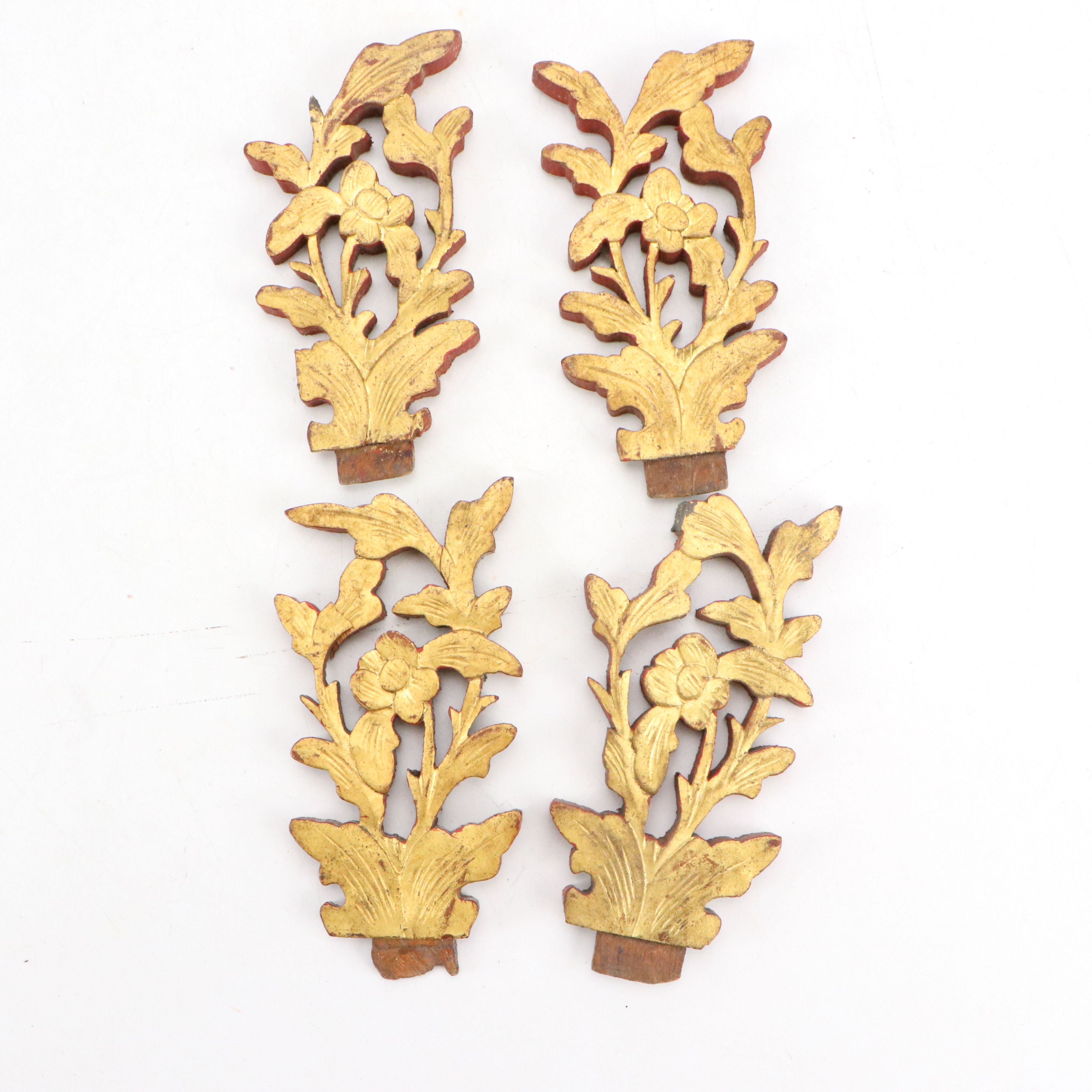 Chinese Carved Giltwood Panel, Florals, and Guardian Lions