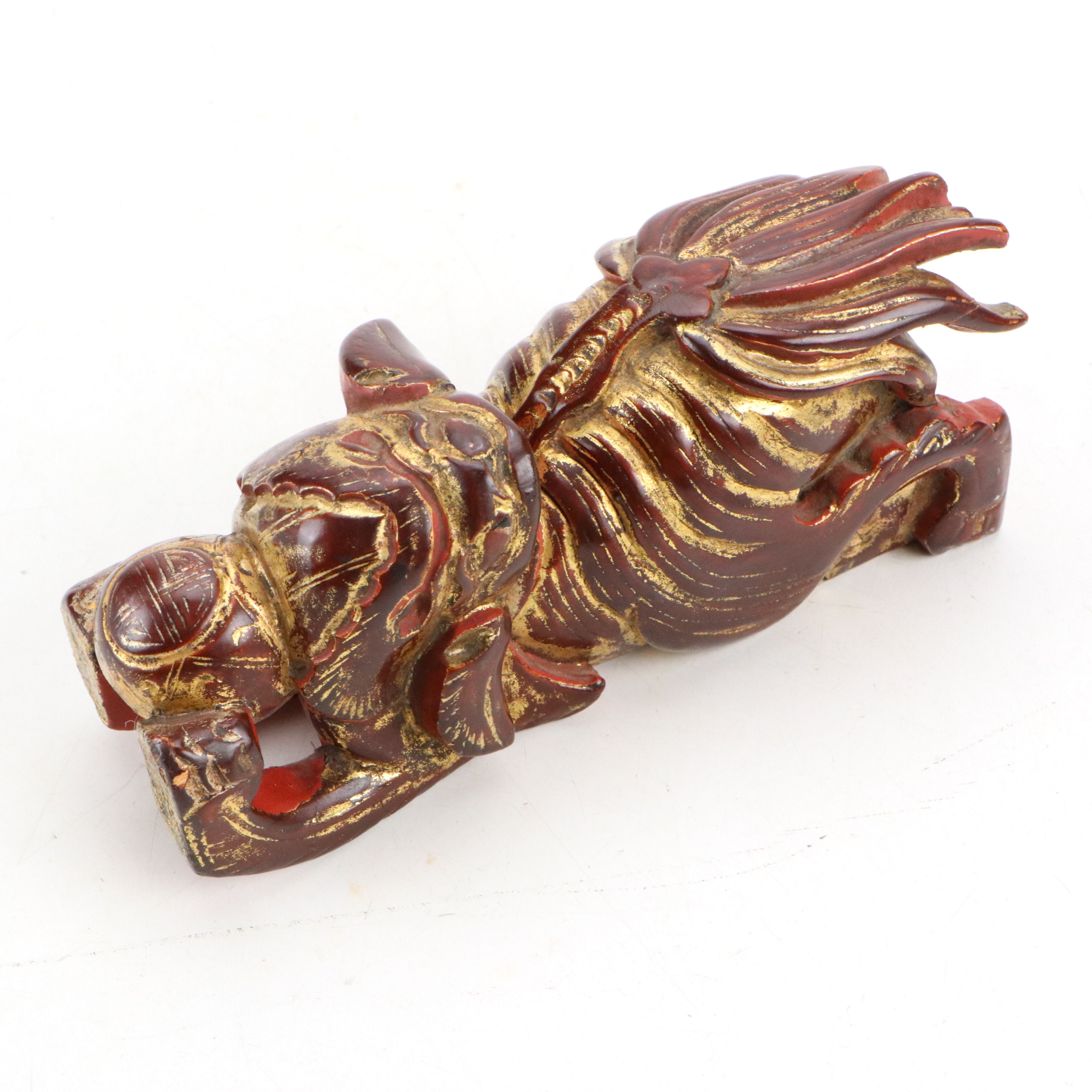 Chinese Carved Giltwood Panel, Florals, and Guardian Lions