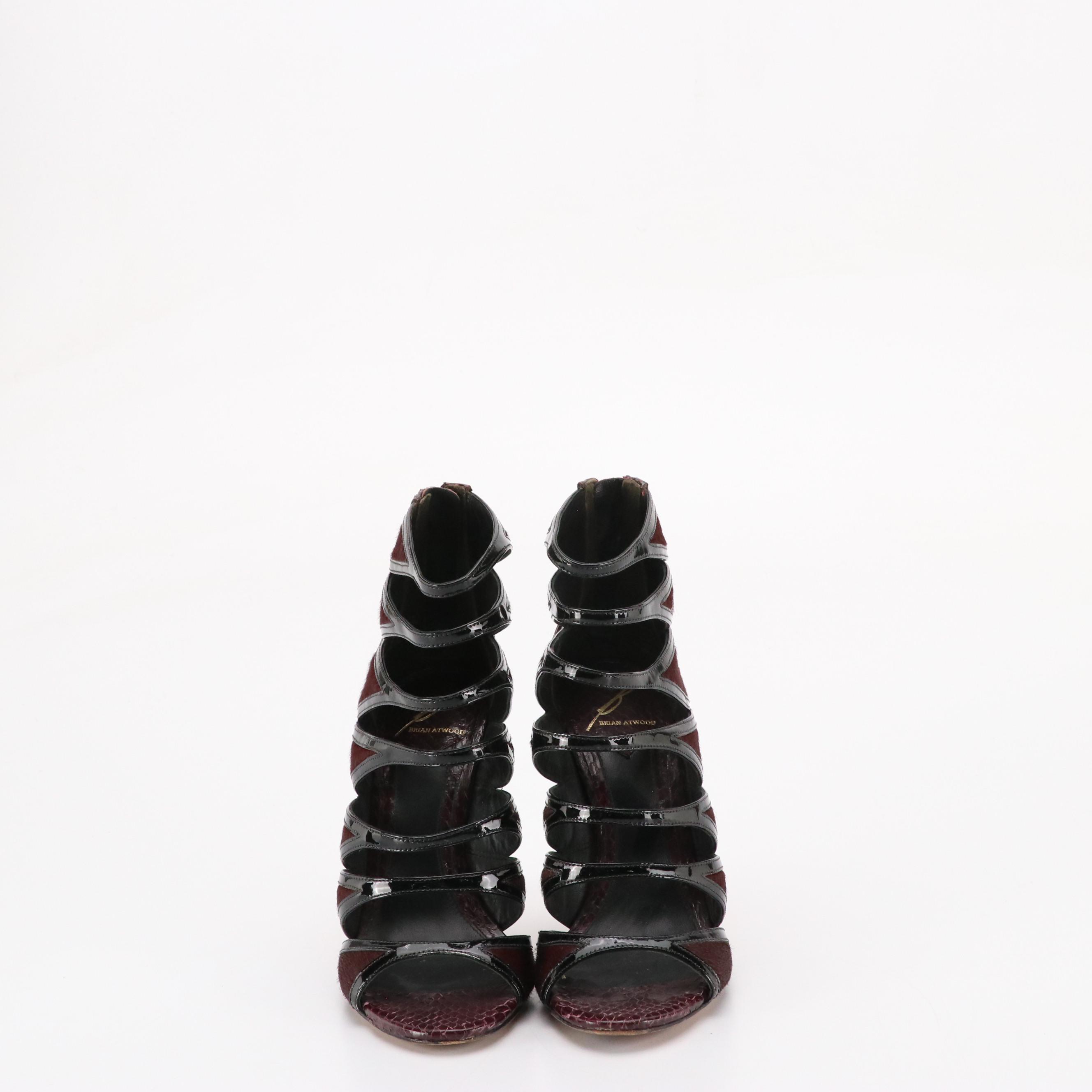 Brian Atwood Strappy Open-Toe Pumps in Calf Hair, Patent and Snakeskin Leather