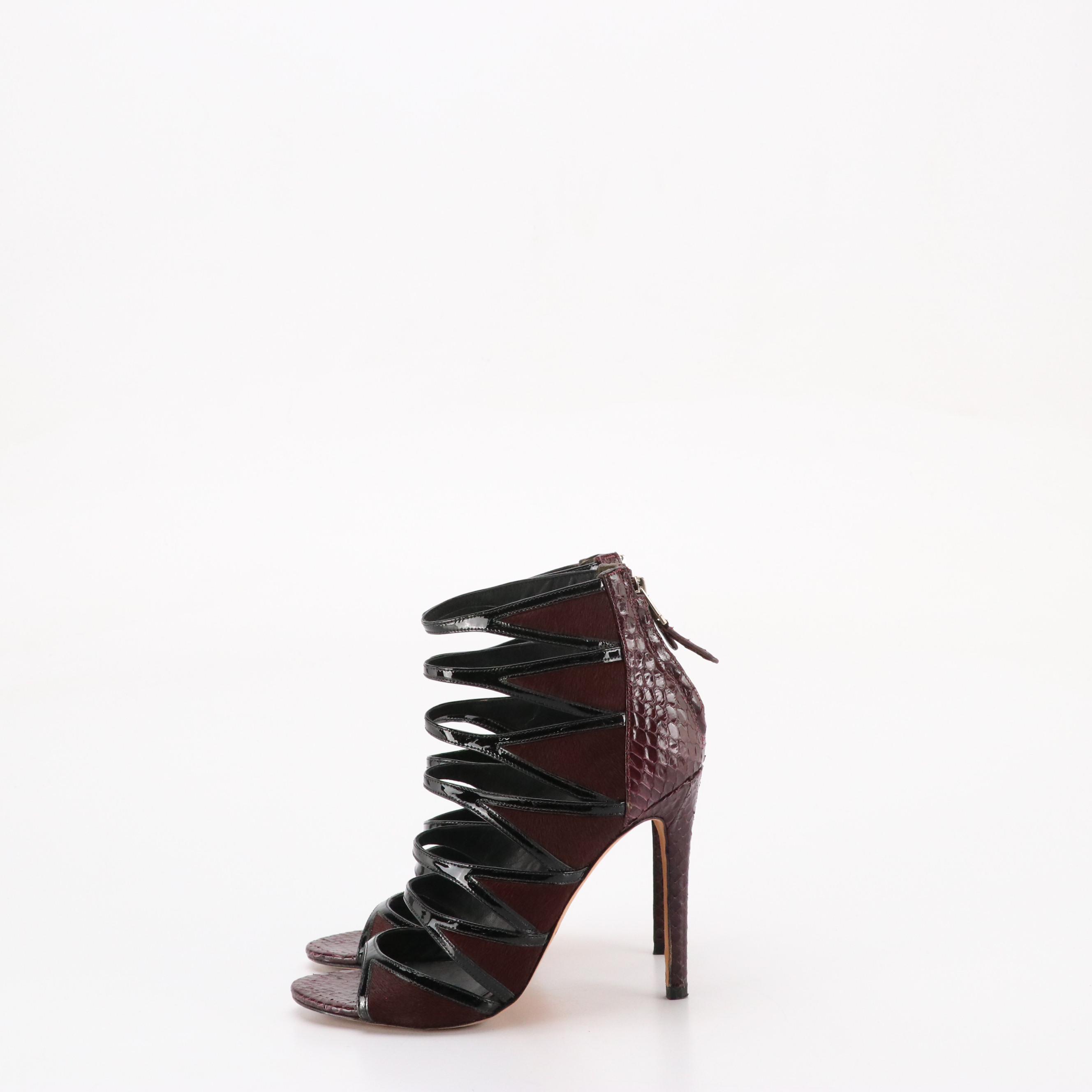 Brian Atwood Strappy Open-Toe Pumps in Calf Hair, Patent and Snakeskin Leather