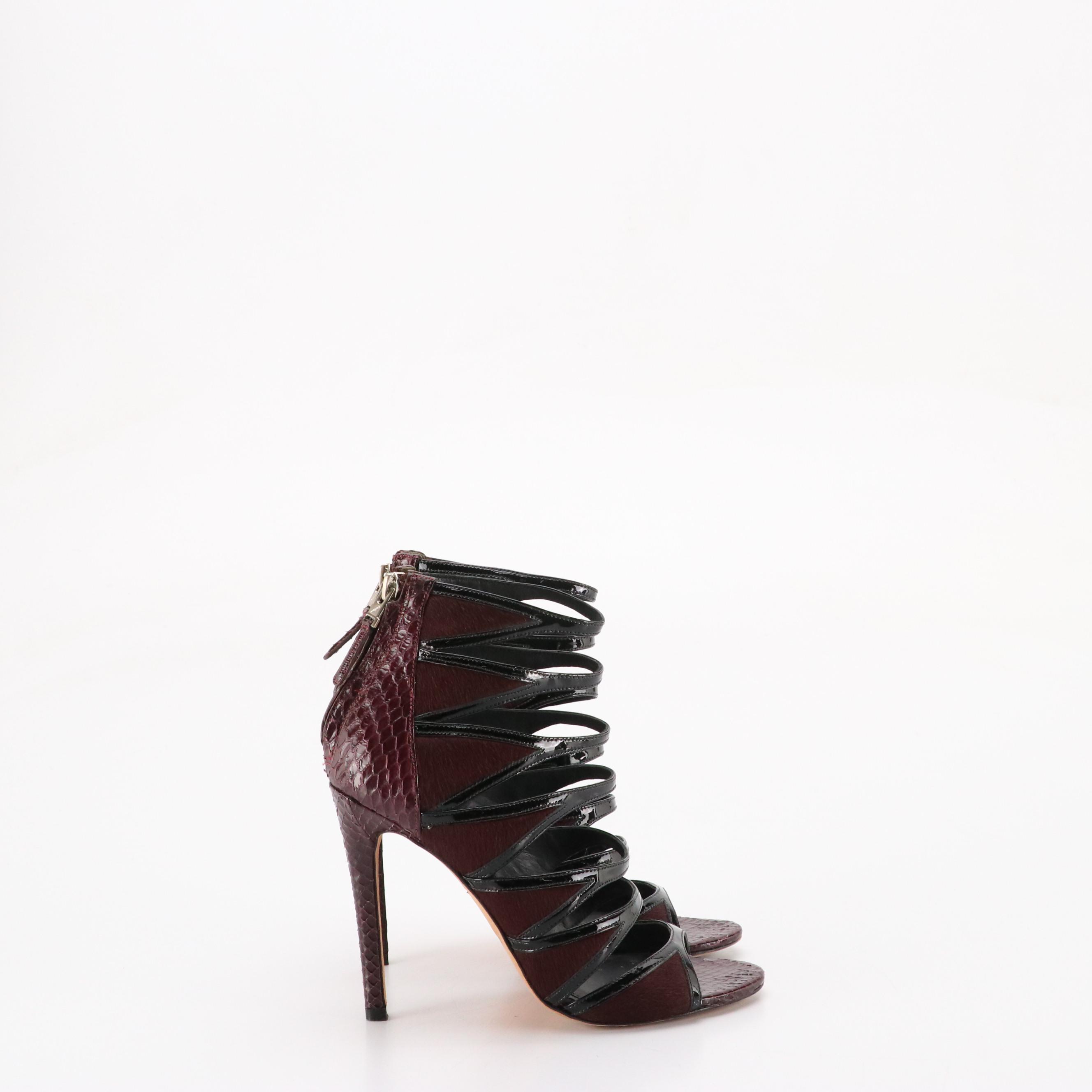 Brian Atwood Strappy Open-Toe Pumps in Calf Hair, Patent and Snakeskin Leather