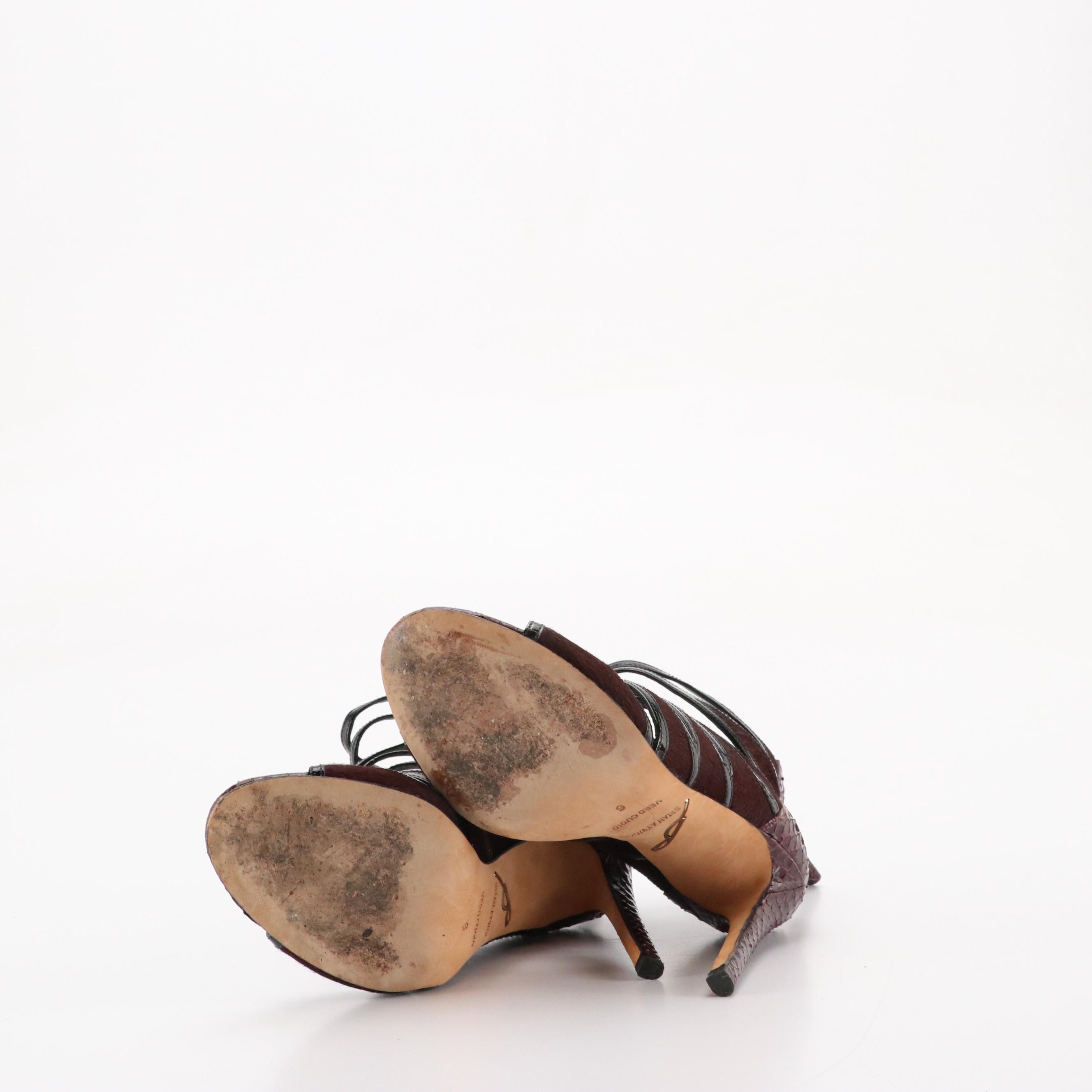 Brian Atwood Strappy Open-Toe Pumps in Calf Hair, Patent and Snakeskin Leather