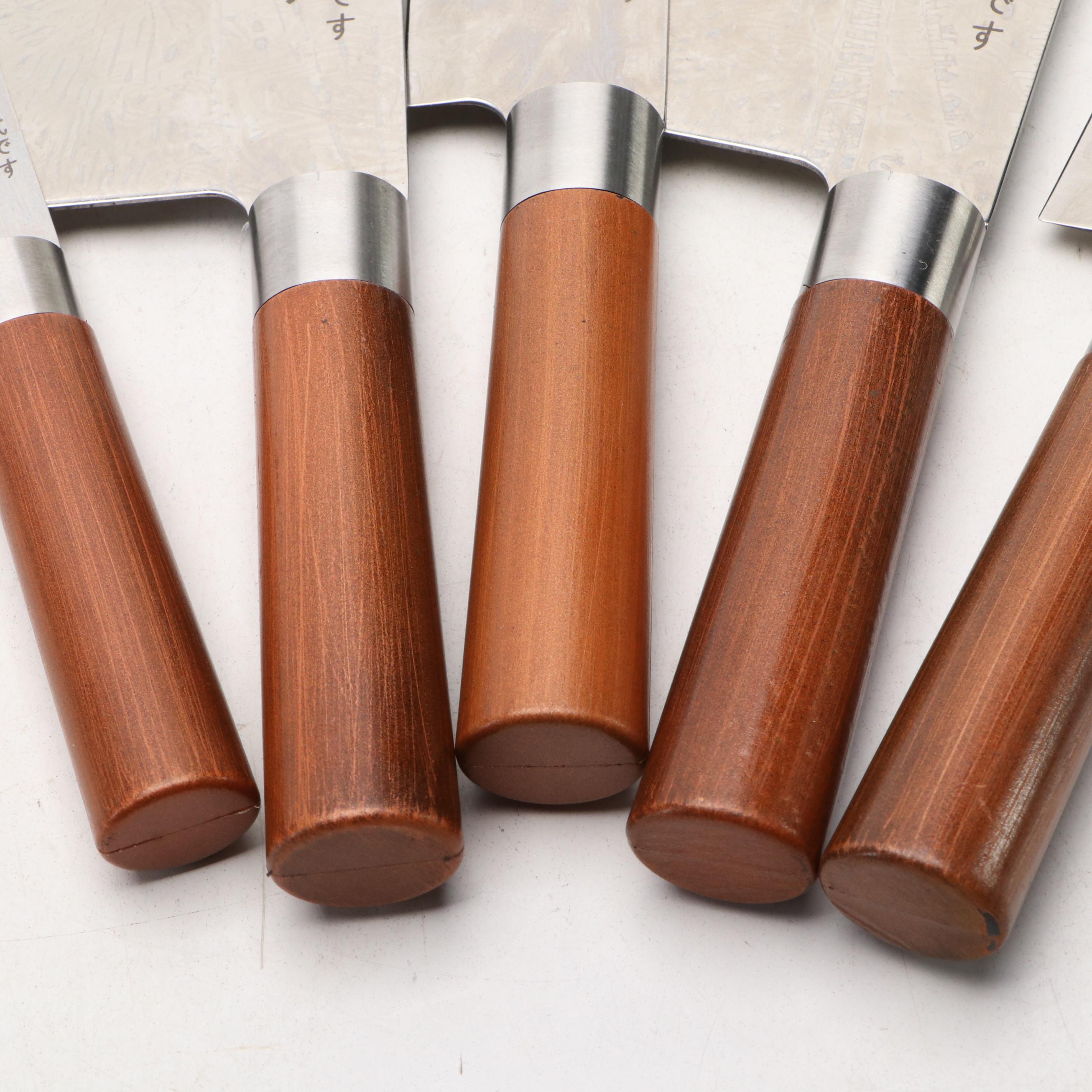 Japanese Style Etched Stainless Steel Chef's Knife Set in Knife Roll