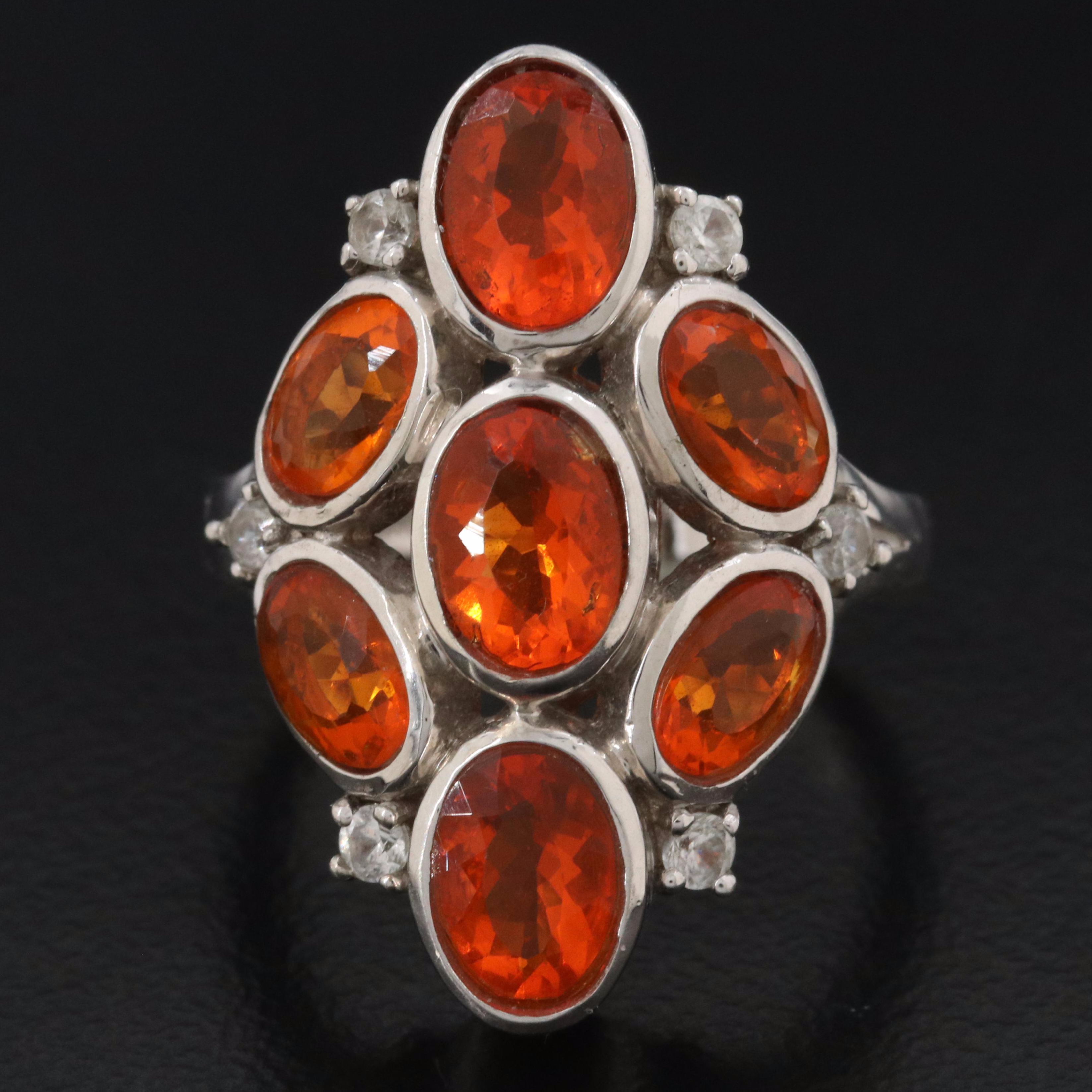 Sterling Fire Opal and Zircon Ring