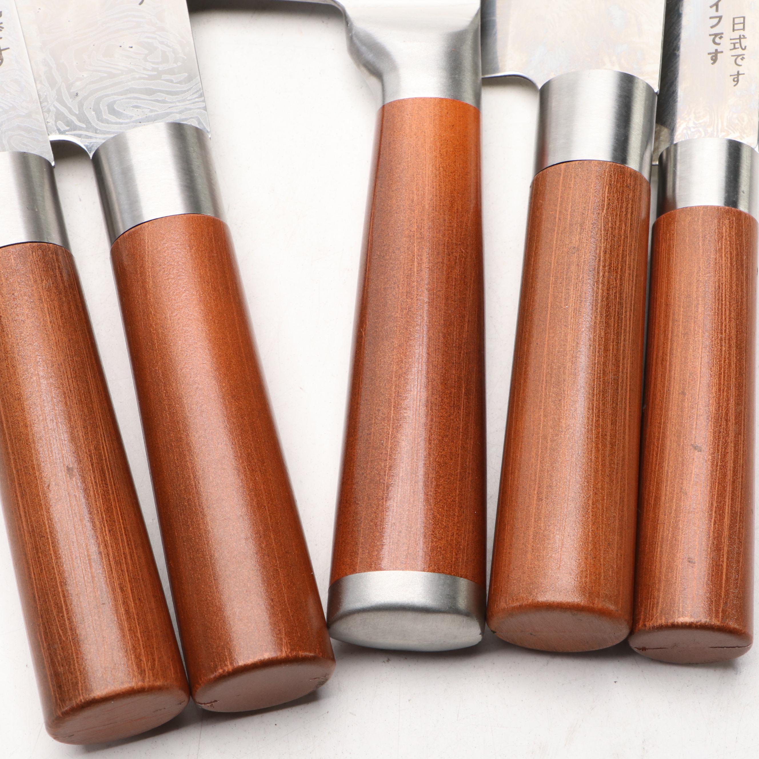 Japanese Style Etched Stainless Steel Chef's Knife Set in Knife Roll