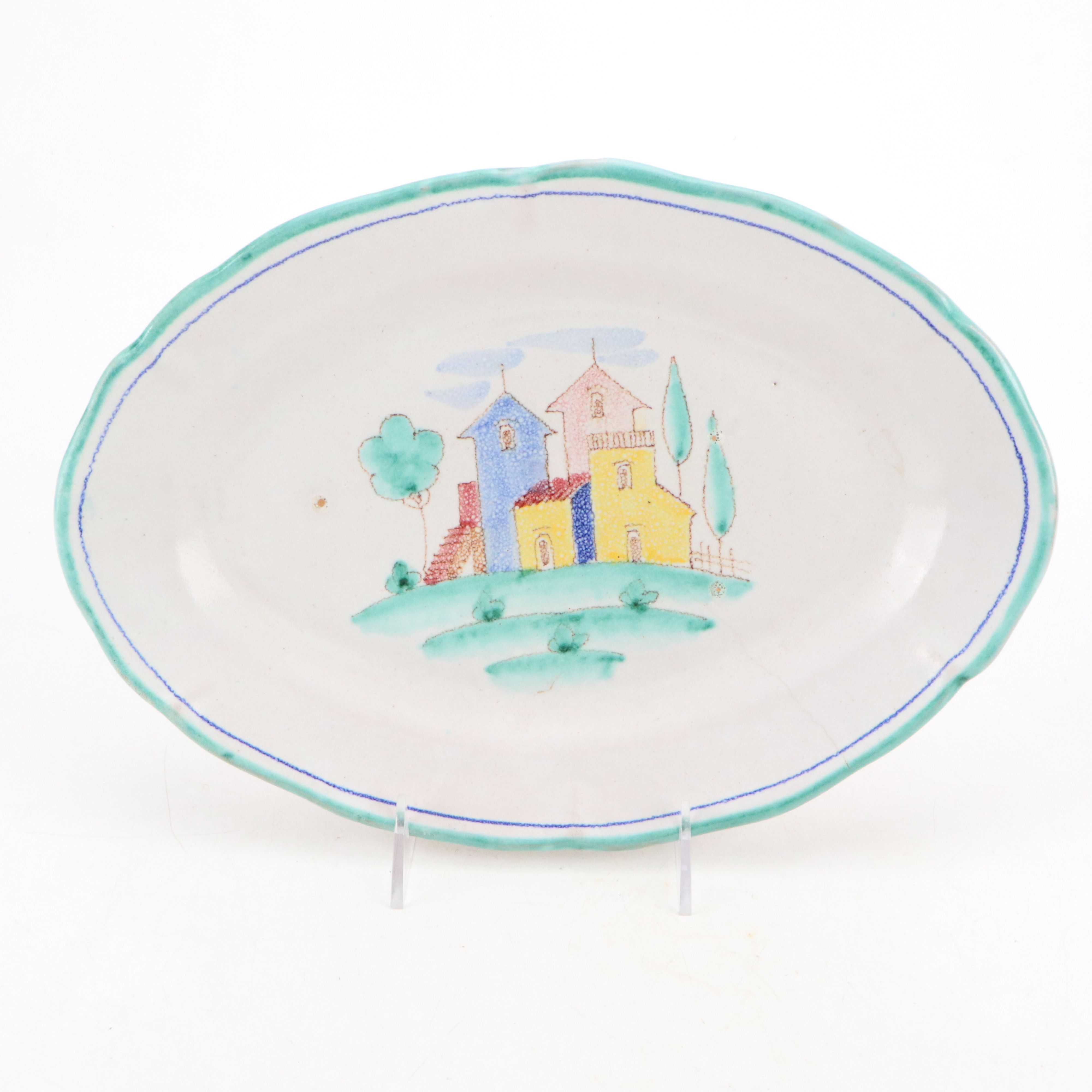 Vietri Italian Hand-Painted Ceramic Plates and Oval Serving Plate, Early 20th C.