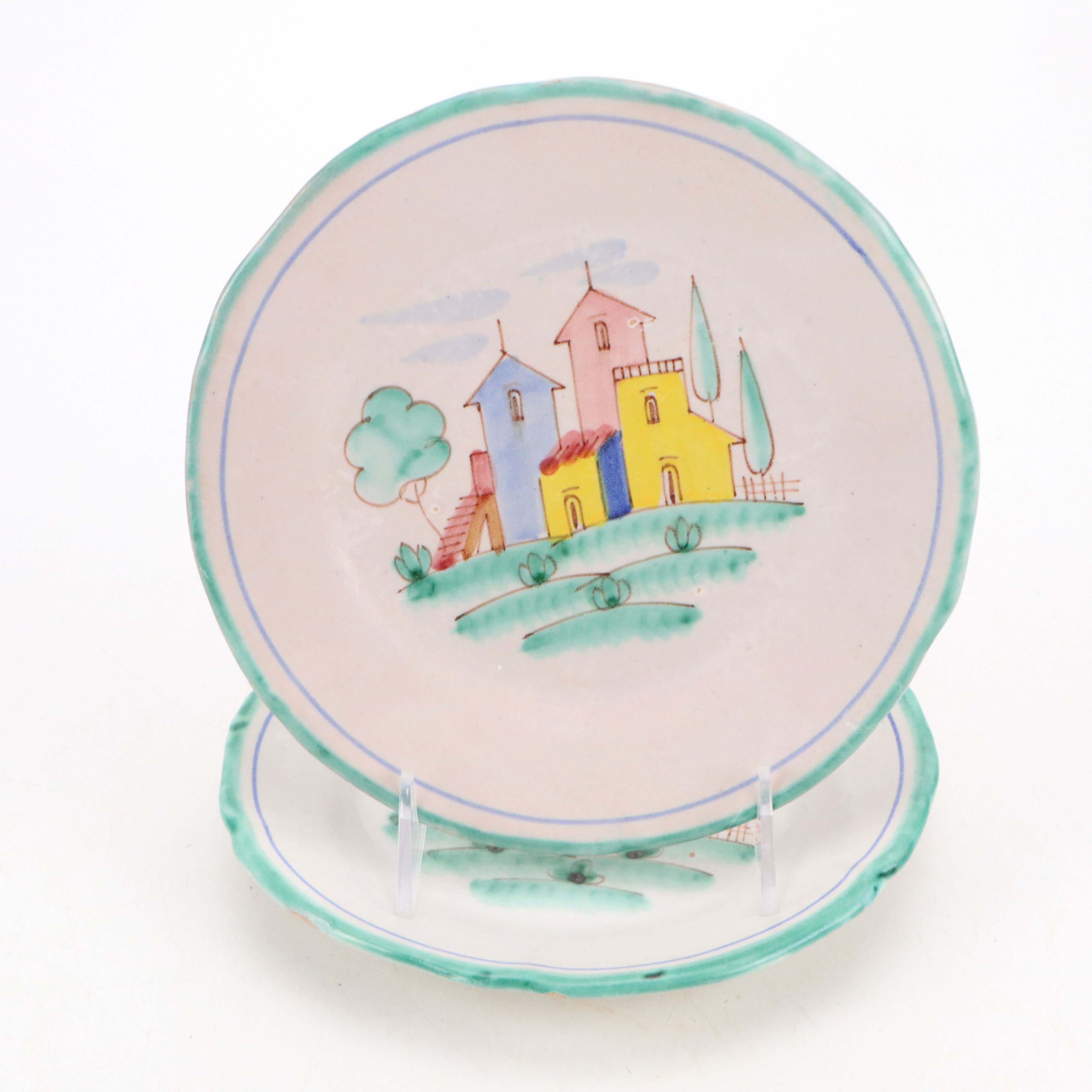 Vietri Italian Hand-Painted Ceramic Plates and Oval Serving Plate, Early 20th C.