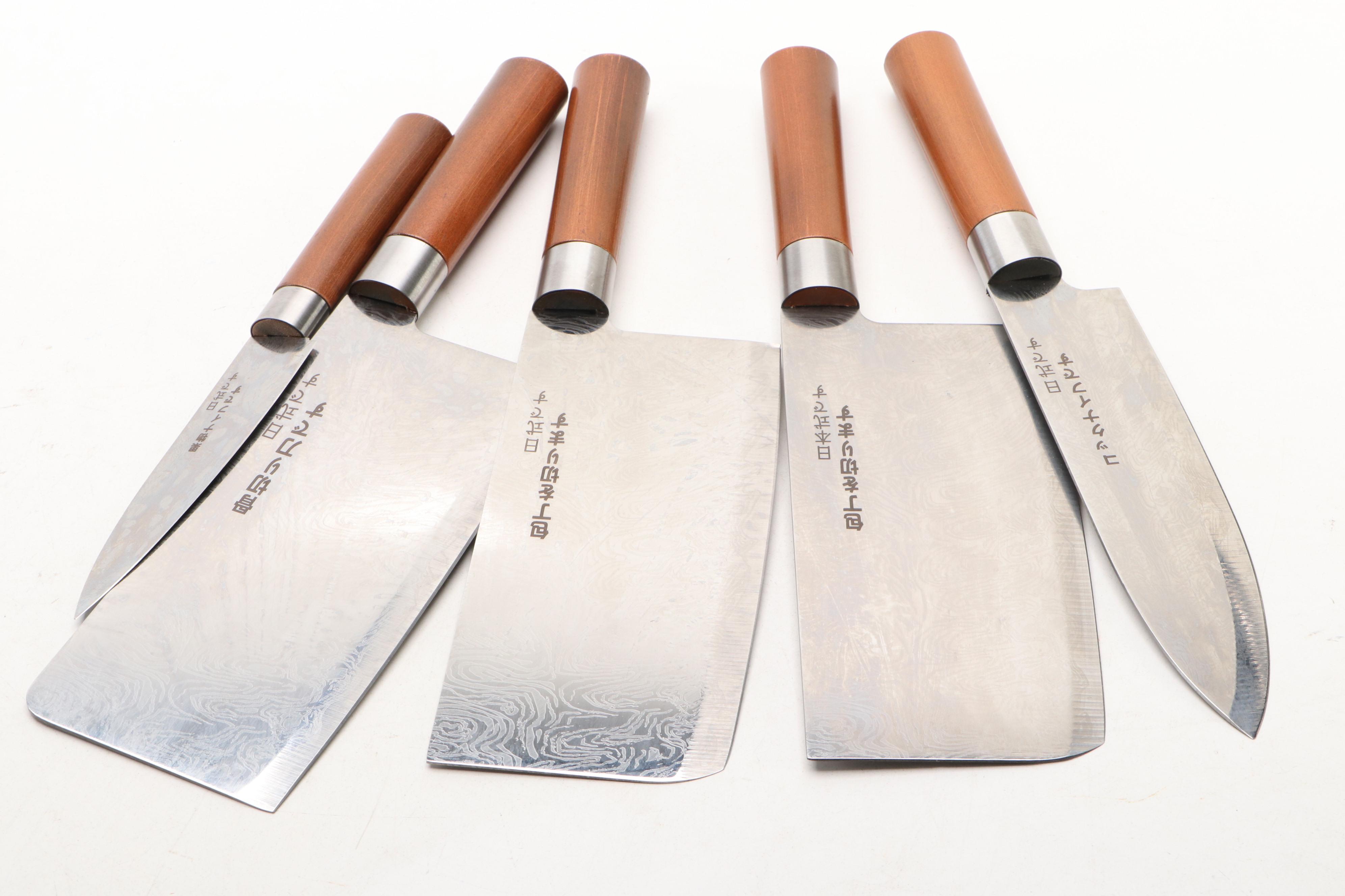Japanese Style Etched Stainless Steel Chef's Knife Set in Knife Roll