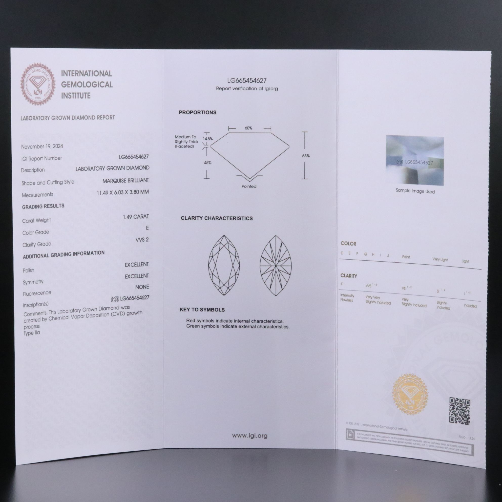 Loose 1.49 CT Lab Grown Diamond with IGI Report