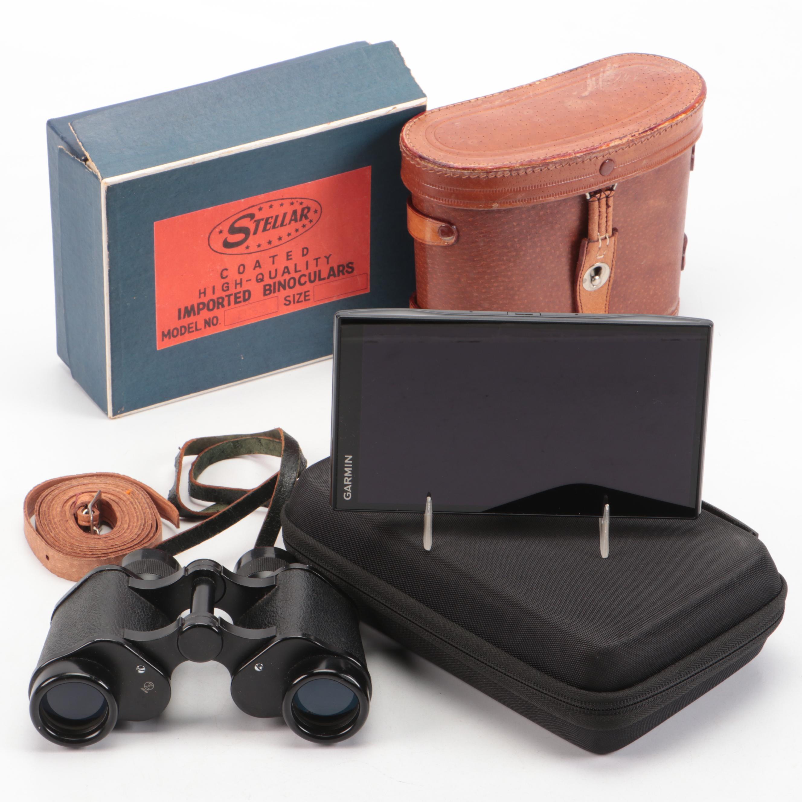 Garmin Automotive GPS and Stellar Binoculars with Leather Carrying Case