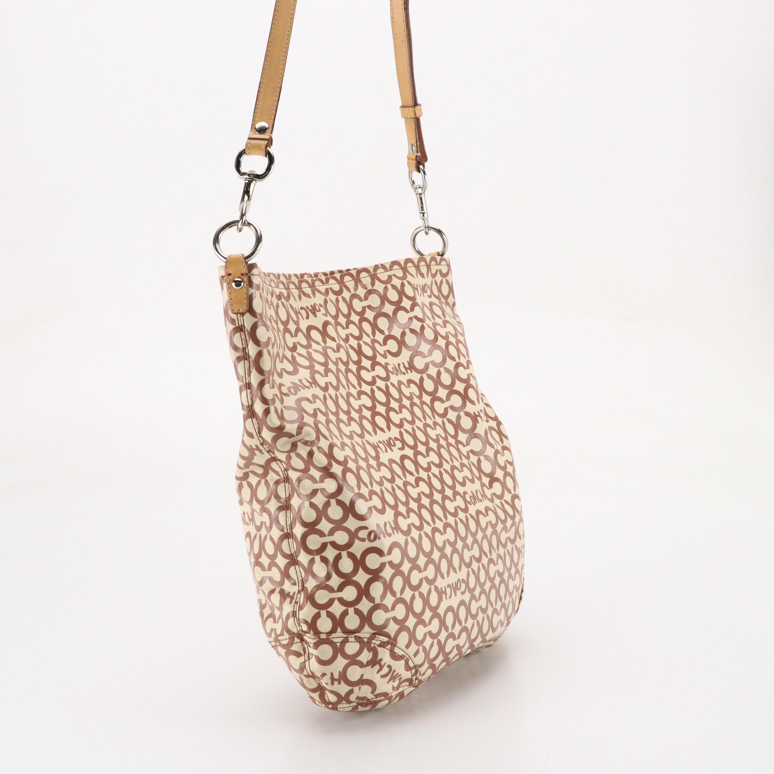 Coach Leah Hobo Bag in Brown OP Art Coated Canvas and Beige Leather