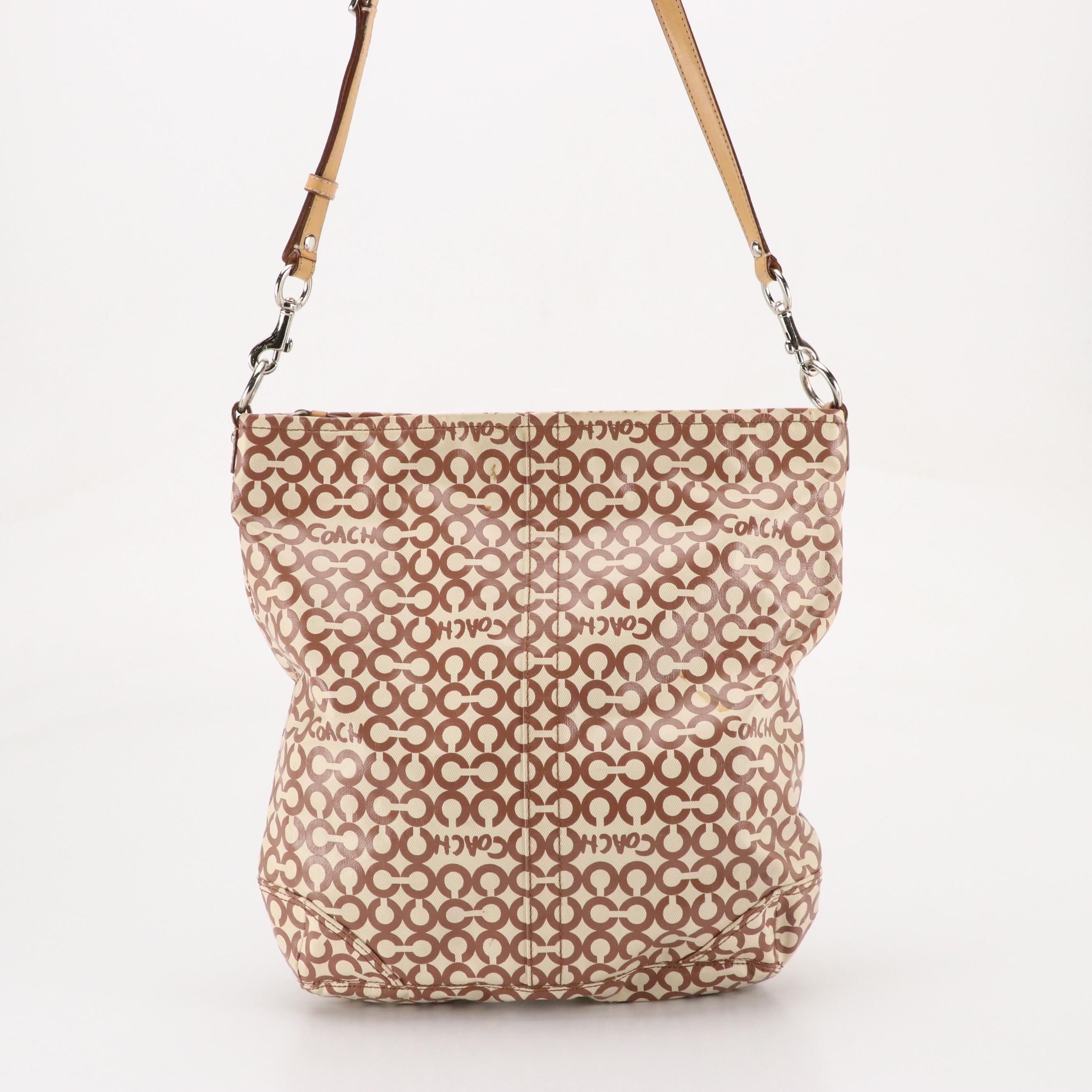 Coach Leah Hobo Bag in Brown OP Art Coated Canvas and Beige Leather