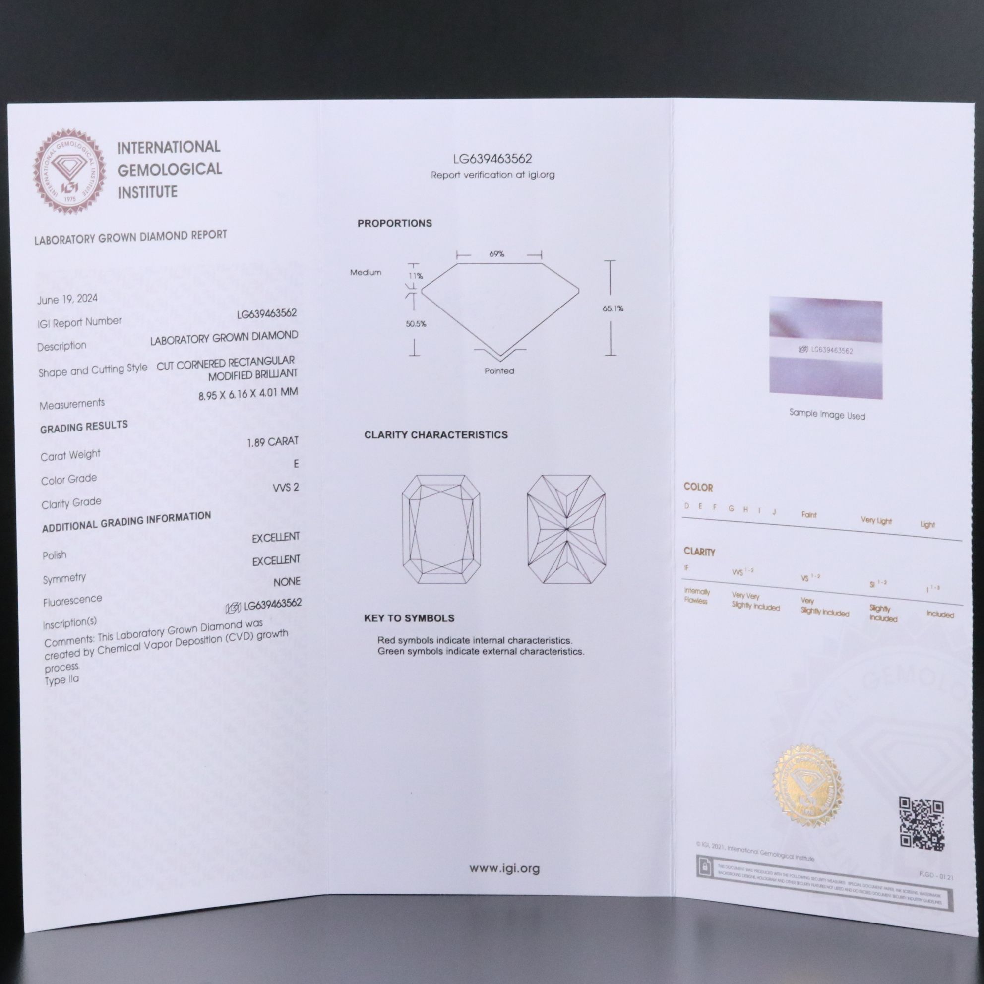 Loose 1.89 CT Lab Grown Diamond with IGI Report