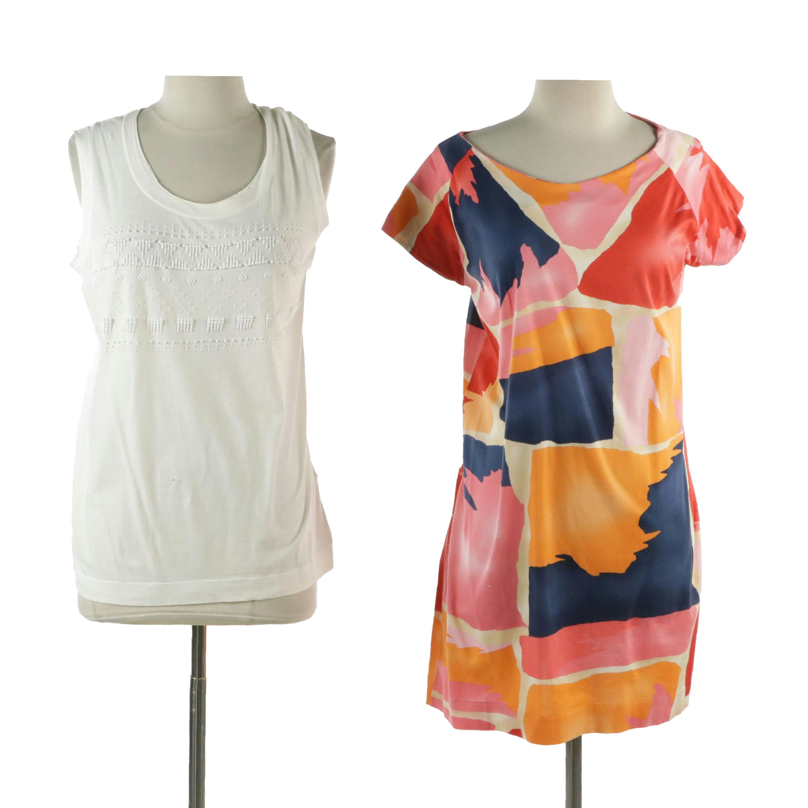 Piazza Sempione Beaded Cotton Tank Top and Printed Short Sleeve Top