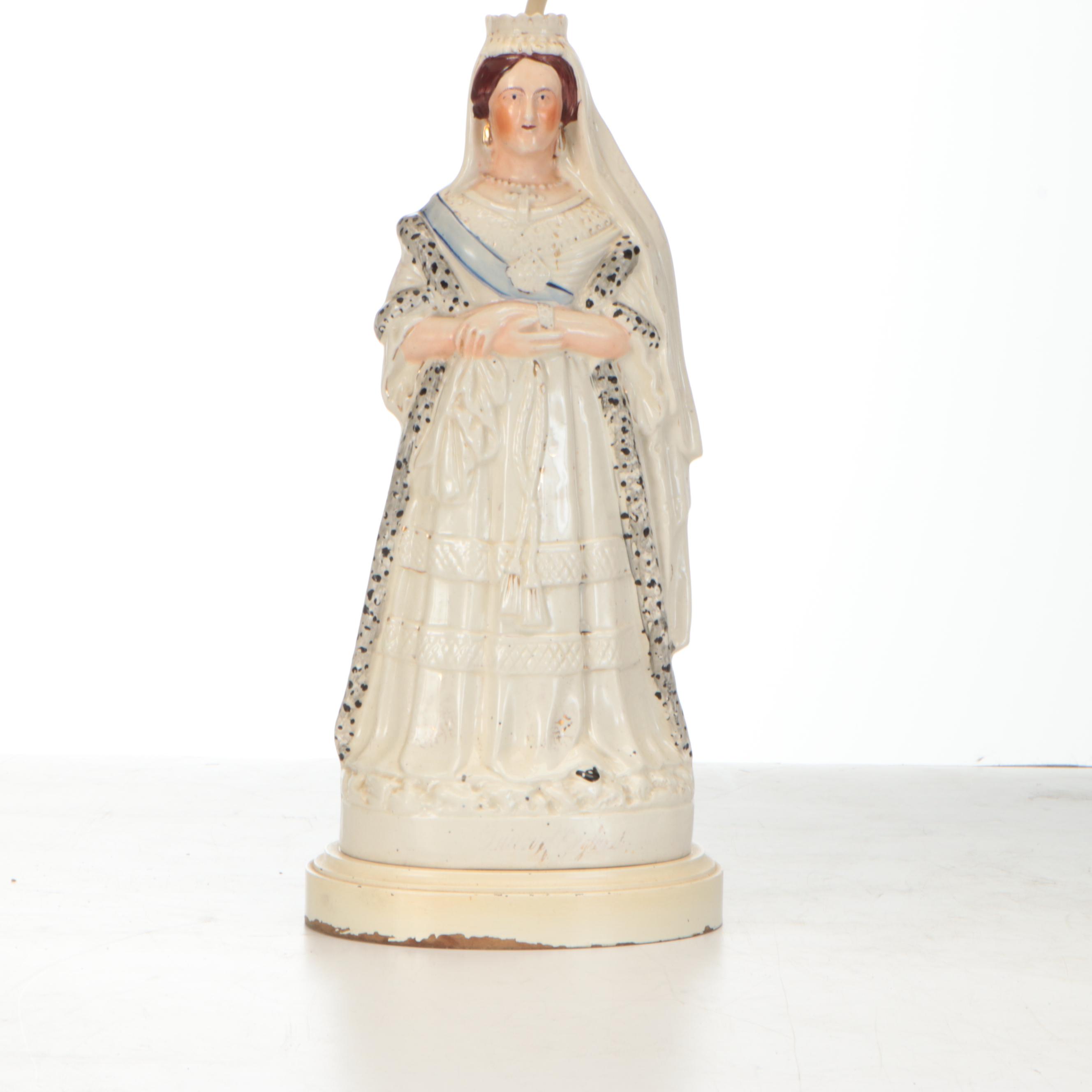 Staffordshire Queen Victoria & Edward VII Figural Lamps, Plain and Pleat Shades