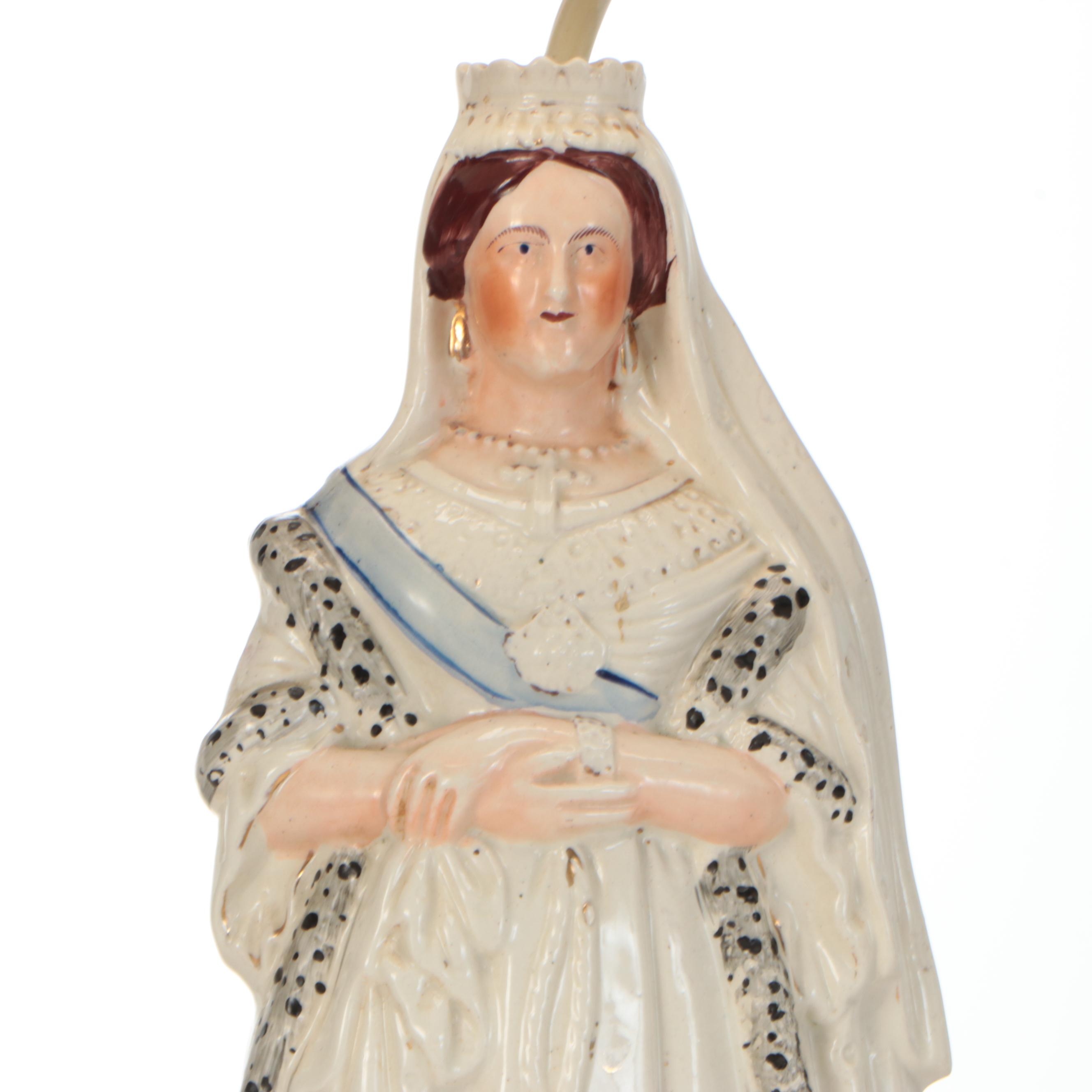 Staffordshire Queen Victoria & Edward VII Figural Lamps, Plain and Pleat Shades