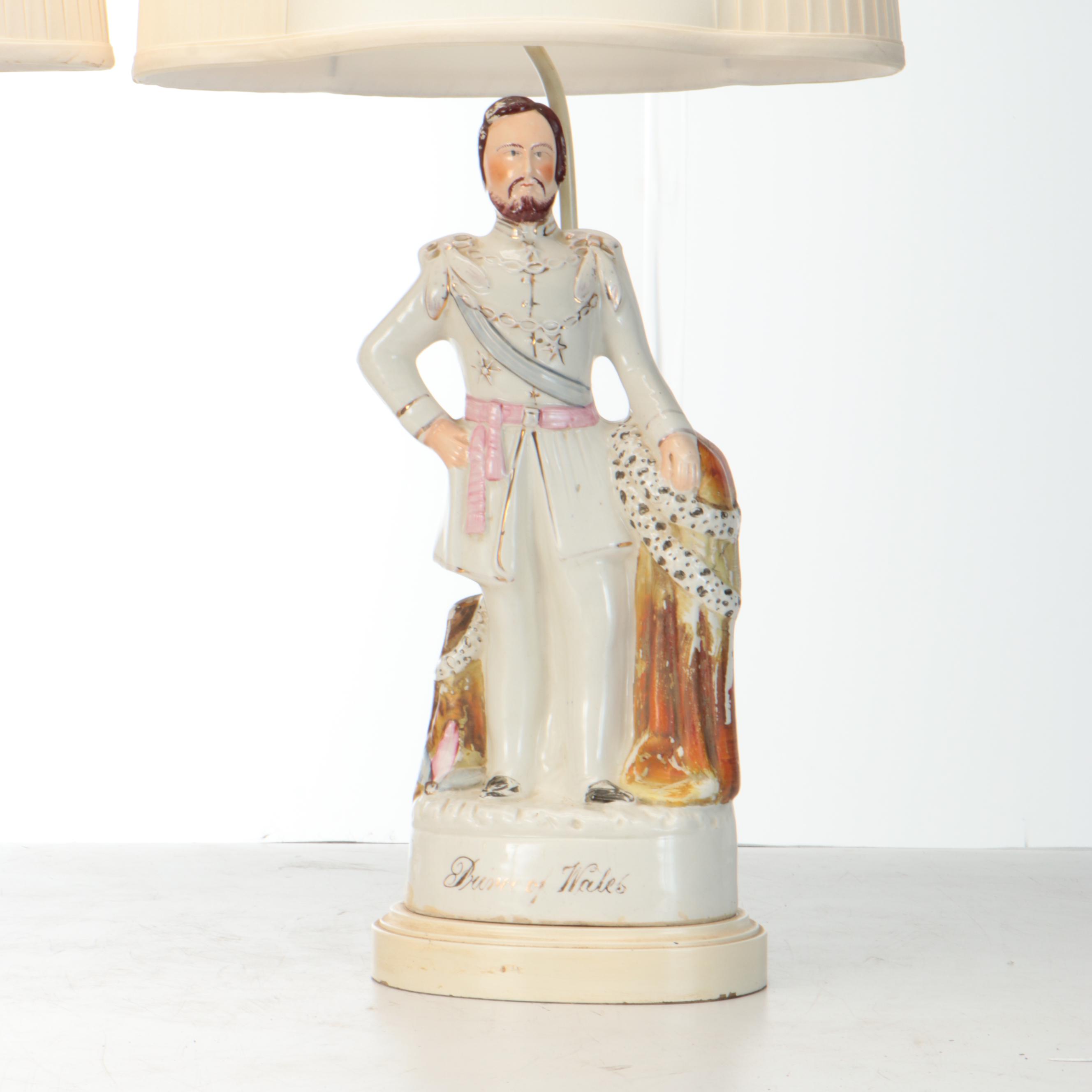 Staffordshire Queen Victoria & Edward VII Figural Lamps, Plain and Pleat Shades