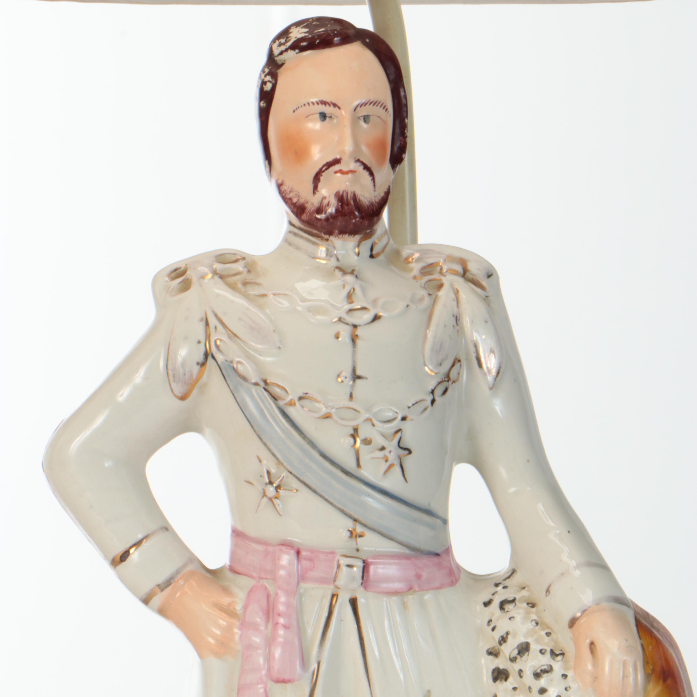 Staffordshire Queen Victoria & Edward VII Figural Lamps, Plain and Pleat Shades