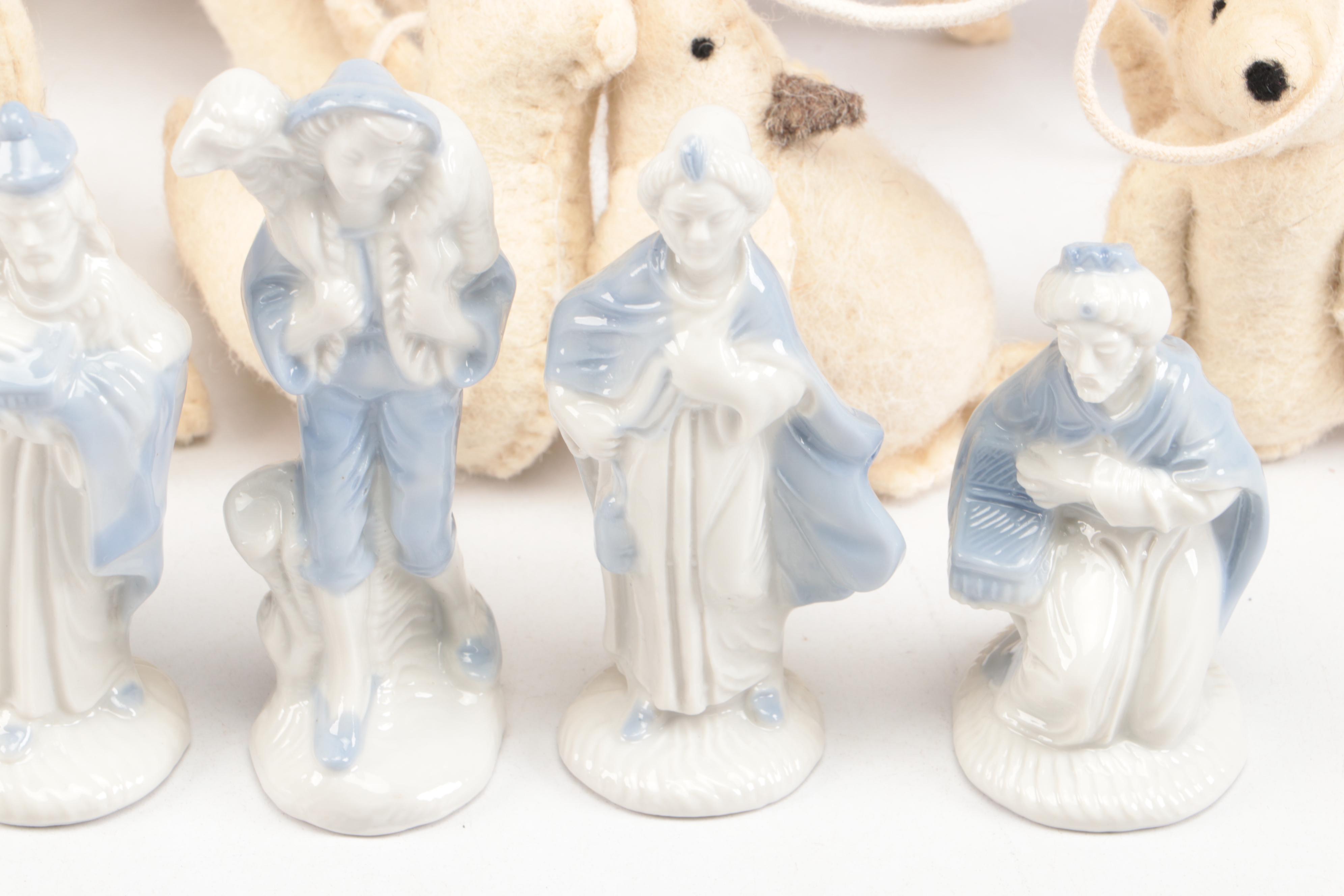 Lefton Nativity Set with Restoration Hardware Felt Animal Ornaments and Hooks