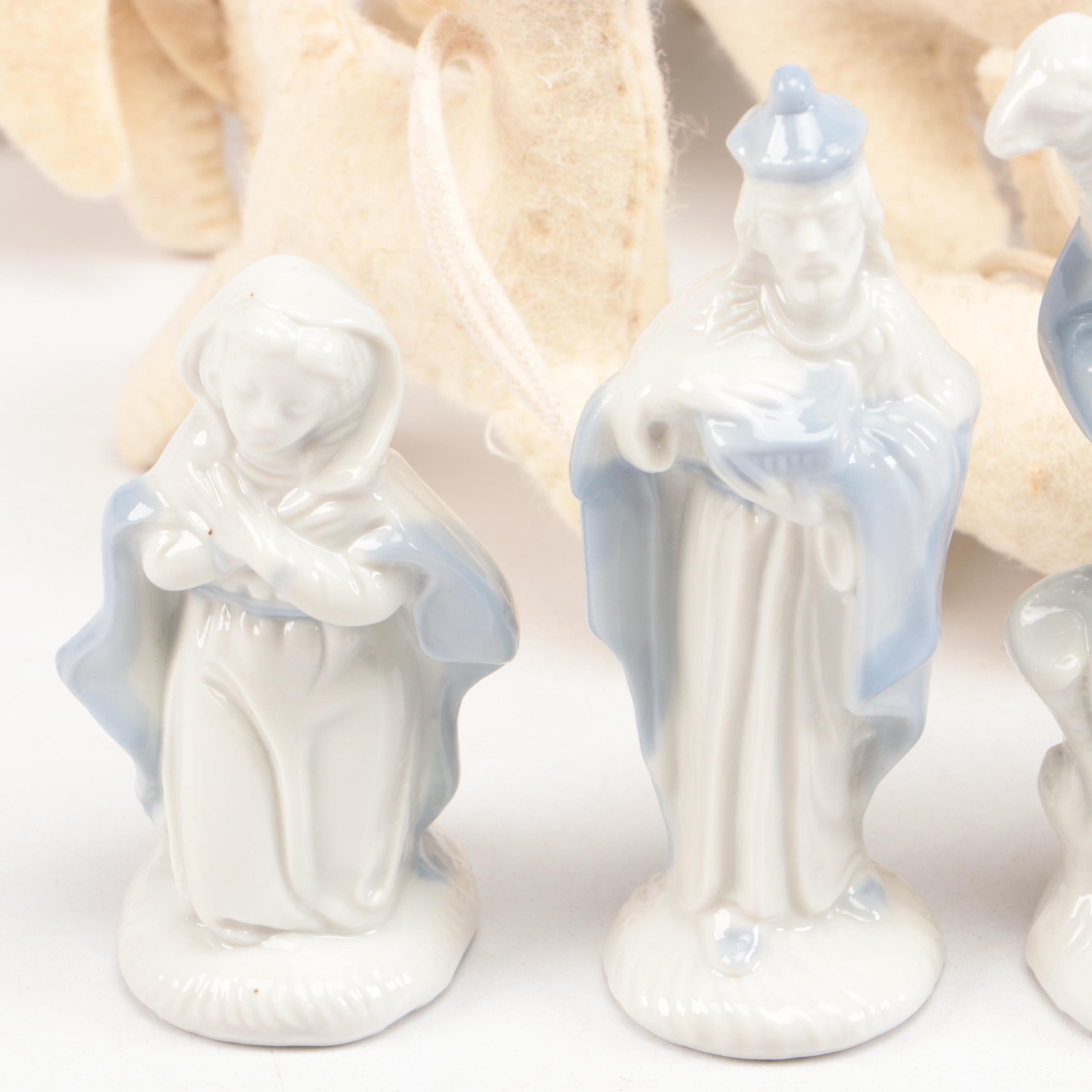 Lefton Nativity Set with Restoration Hardware Felt Animal Ornaments and Hooks