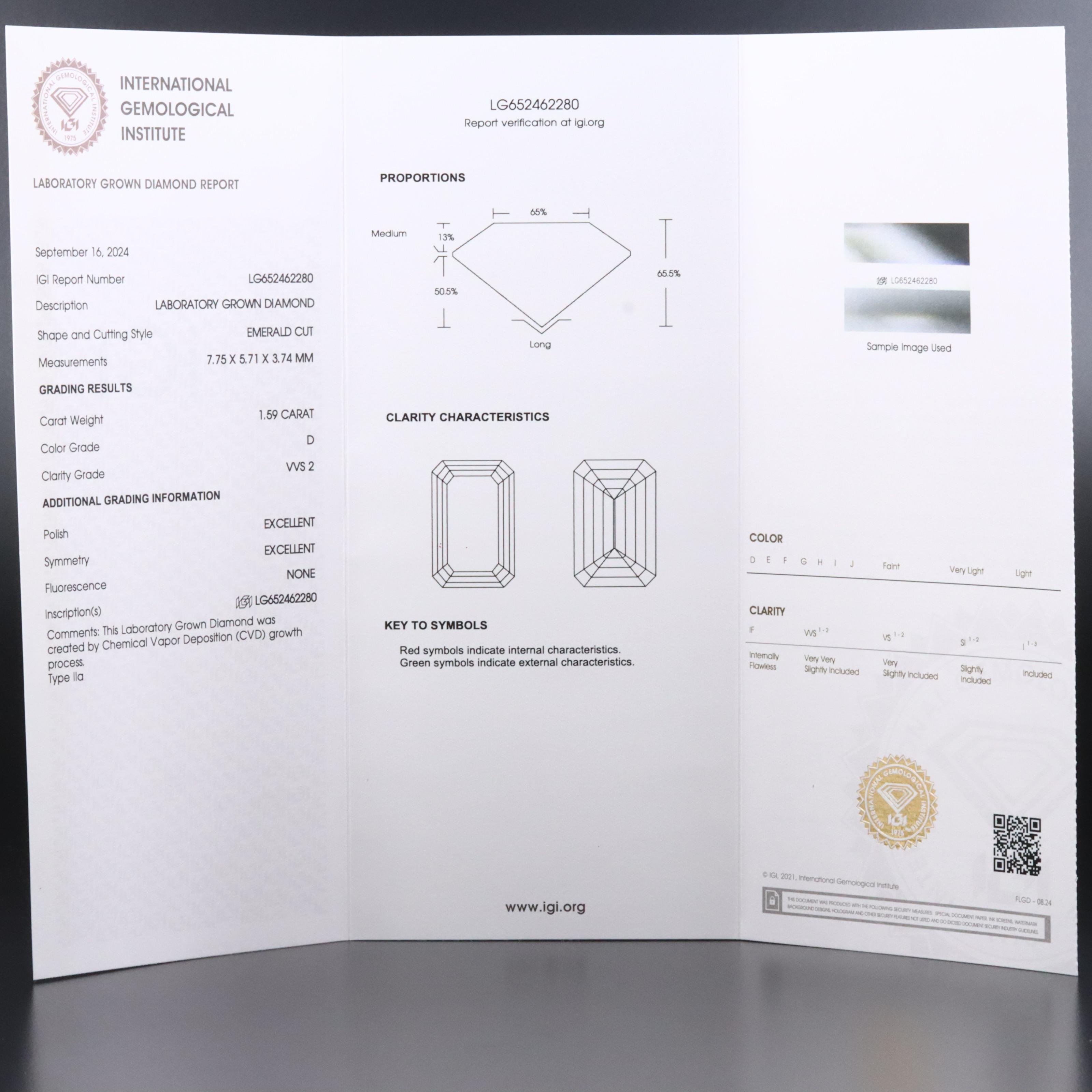 Loose 1.59 CT Lab Grown Diamond with IGI Report