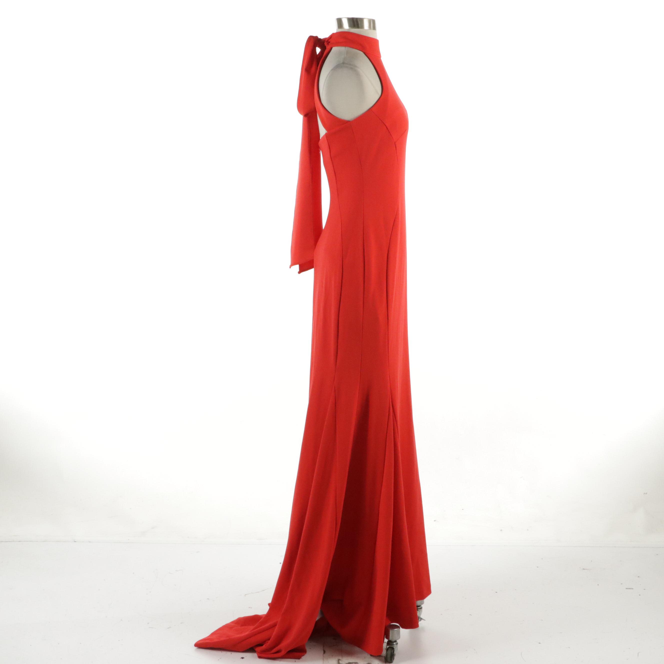 Calvin Klein Sweep Train Evening Gown with Scarf Sash in Stretch Jersey