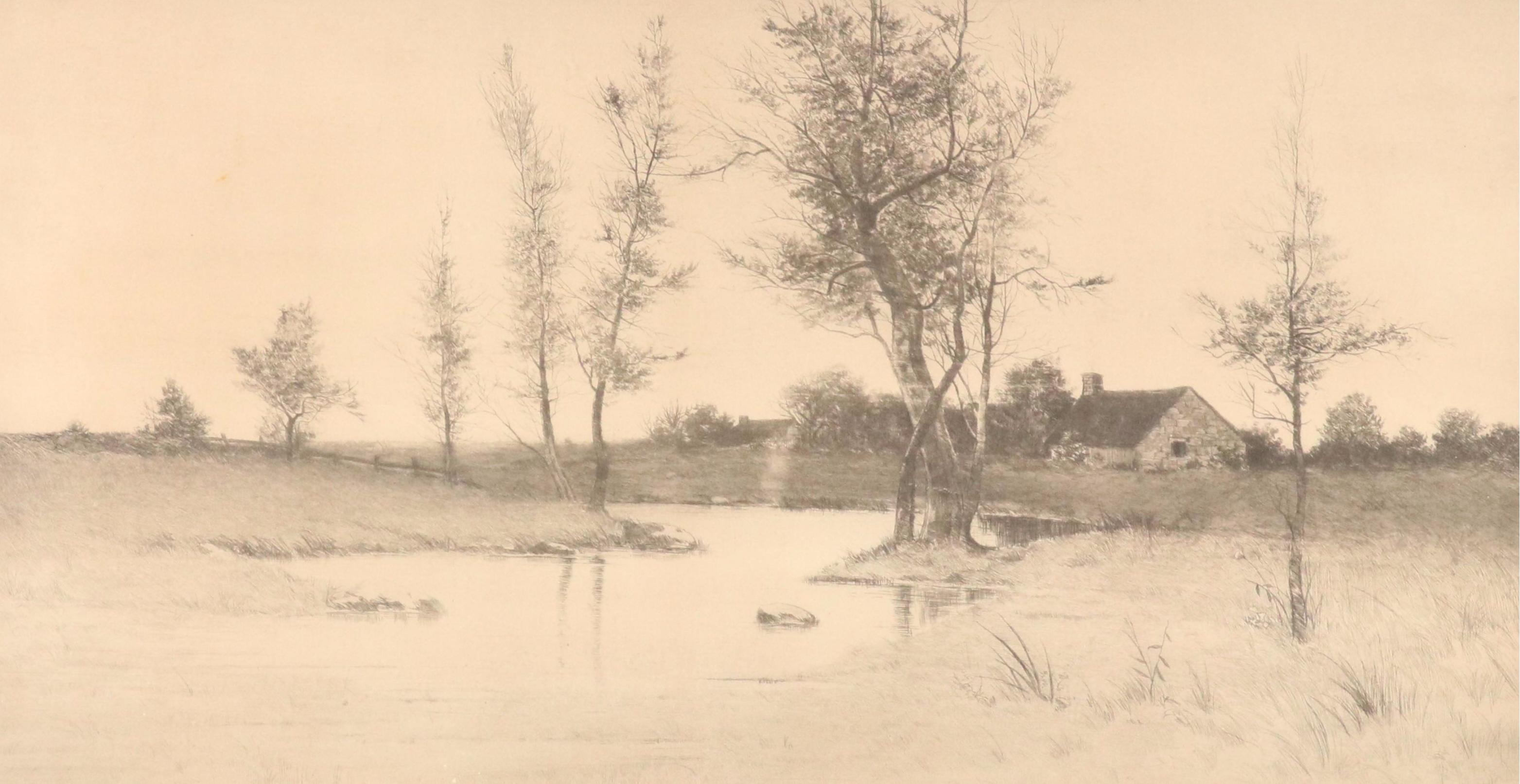 Countryside Residential Landscape Etching, Circa 1920