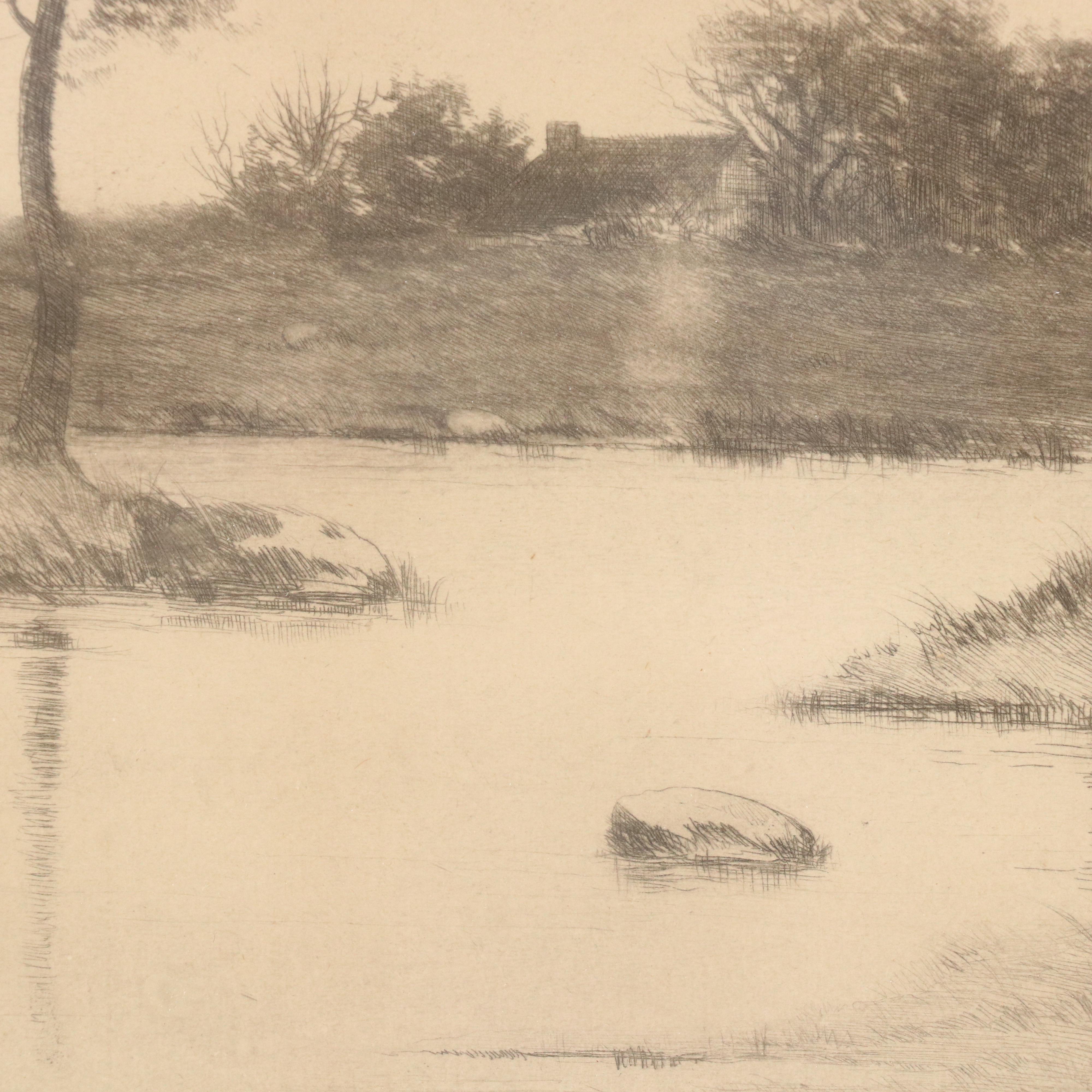 Countryside Residential Landscape Etching, Circa 1920