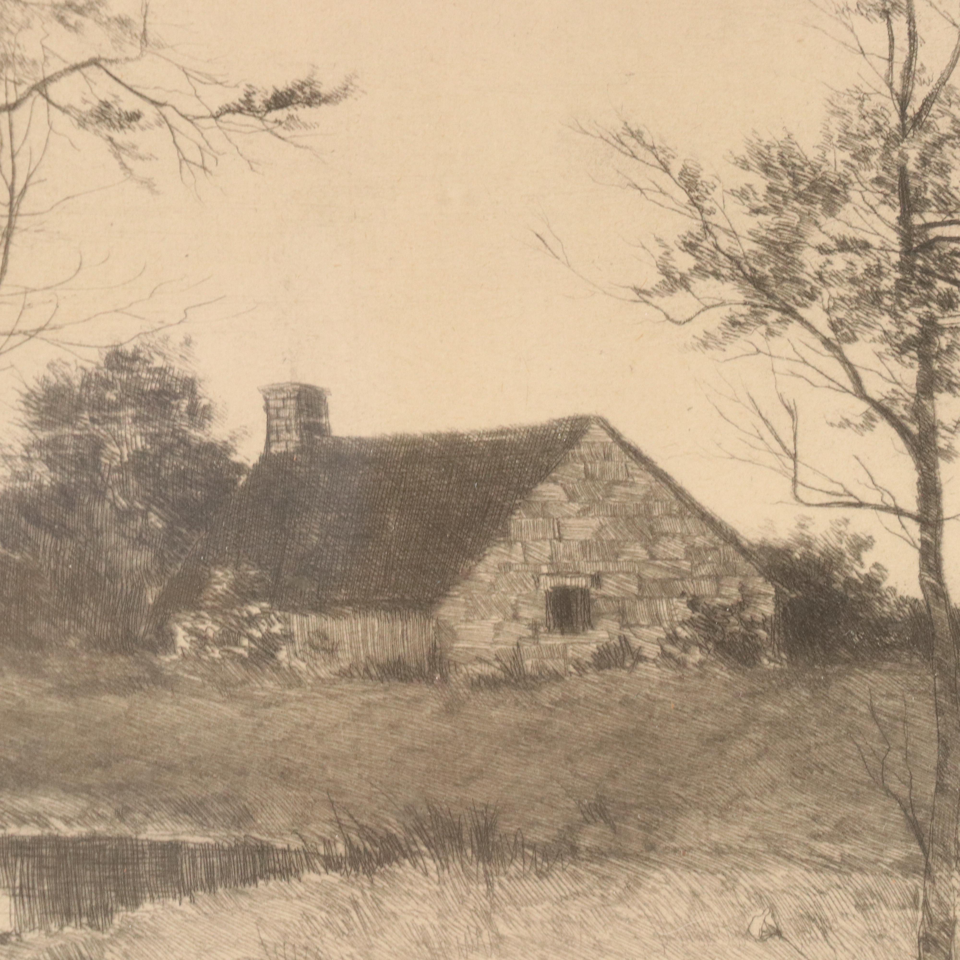 Countryside Residential Landscape Etching, Circa 1920