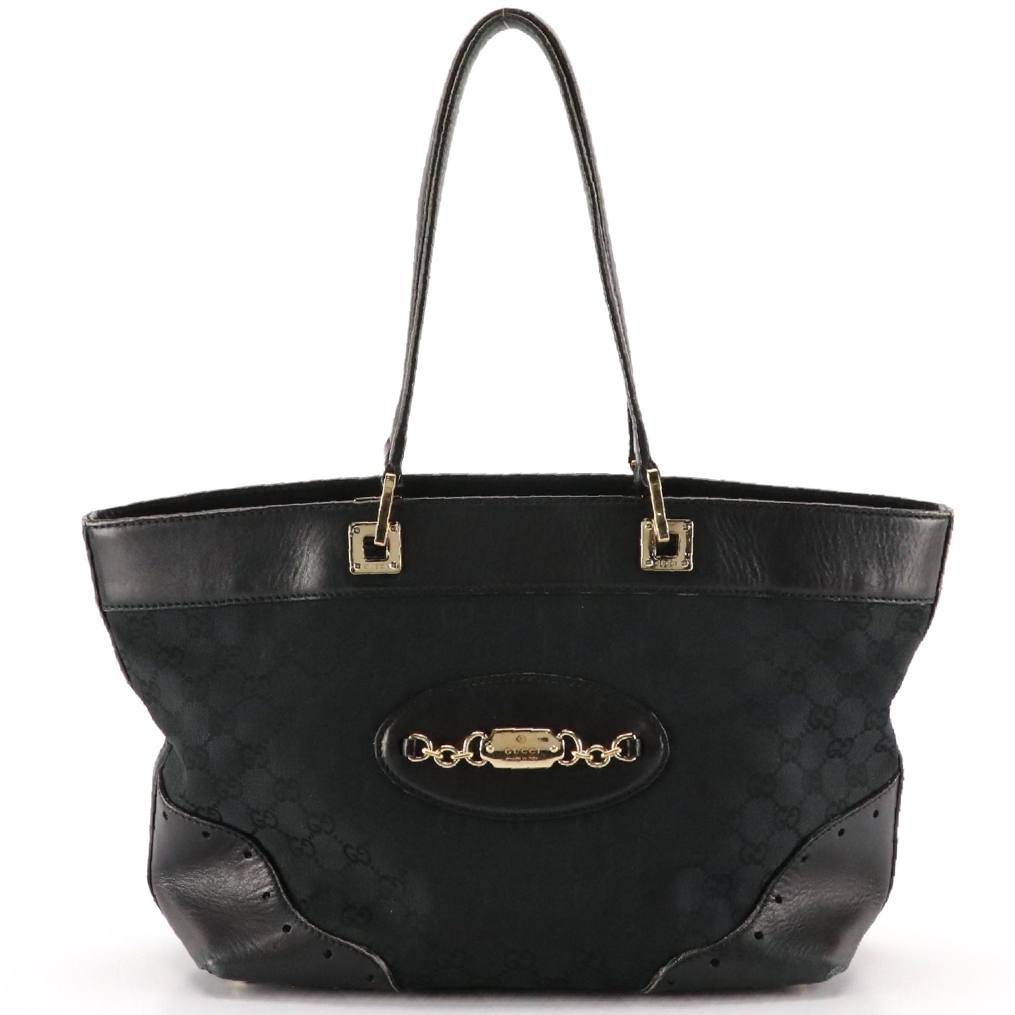 Gucci Punch Tote in Black GG Canvas and Leather Trim