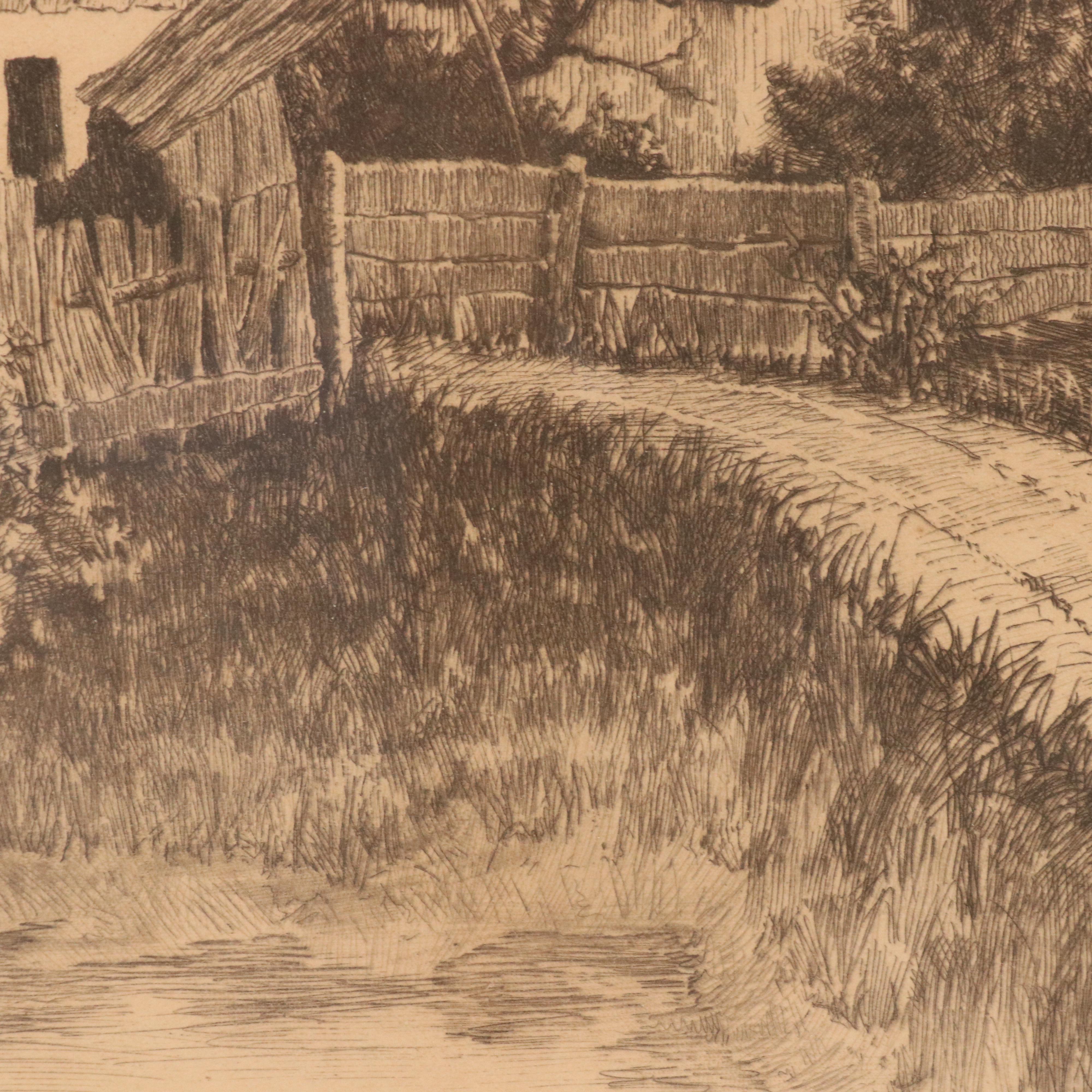 E. Faust Etching of Country Village Landscape, Circa 1930