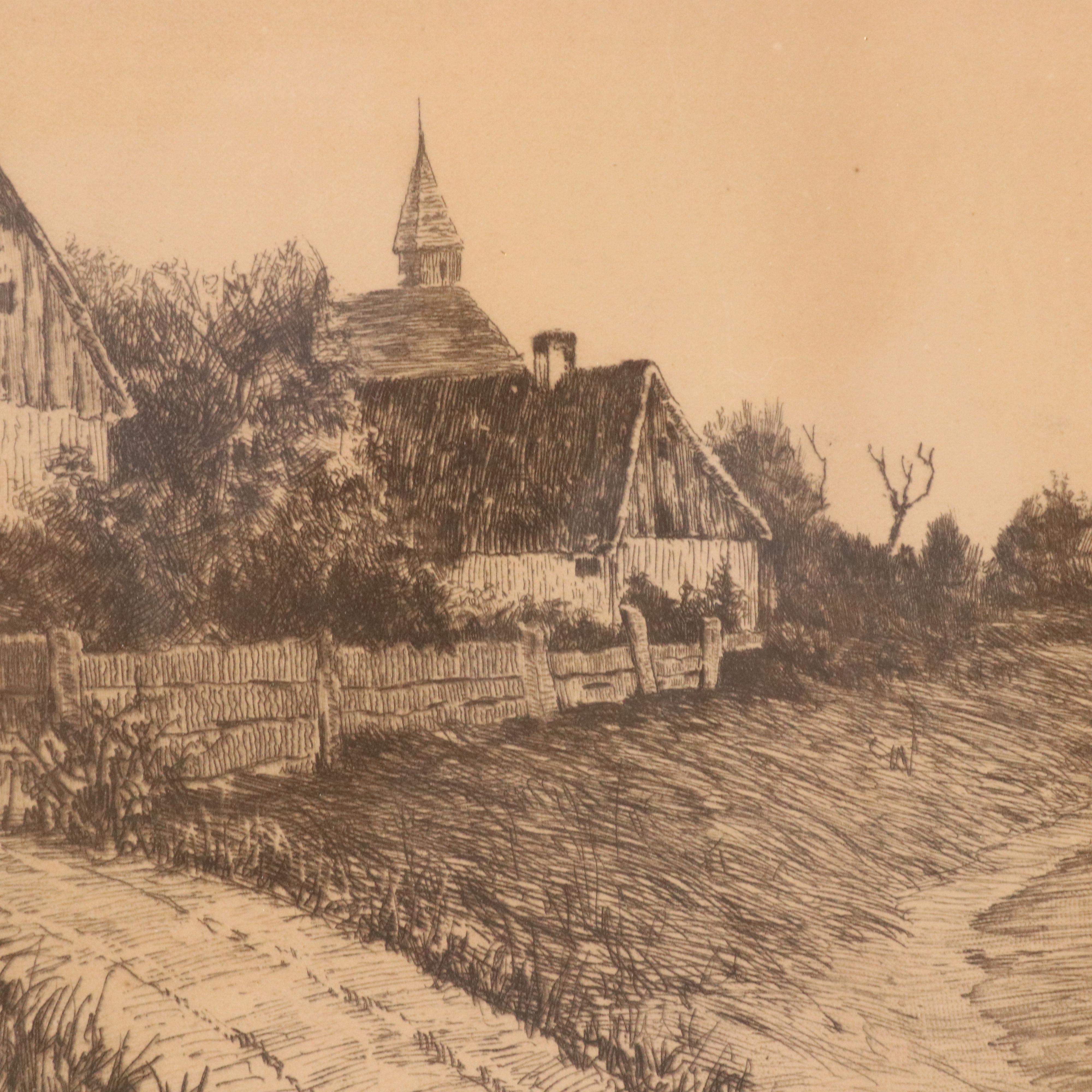 E. Faust Etching of Country Village Landscape, Circa 1930