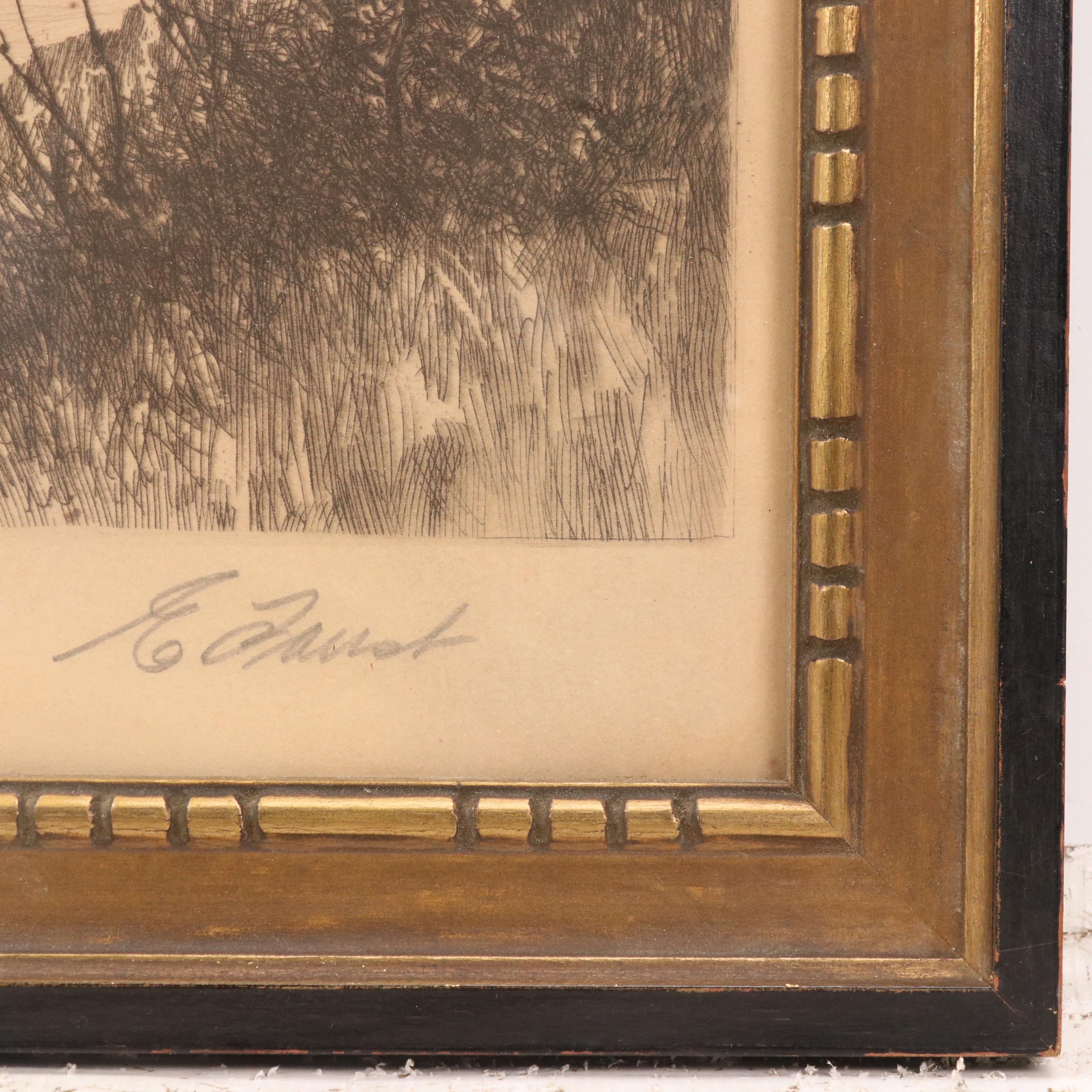 E. Faust Etching of Country Village Landscape, Circa 1930