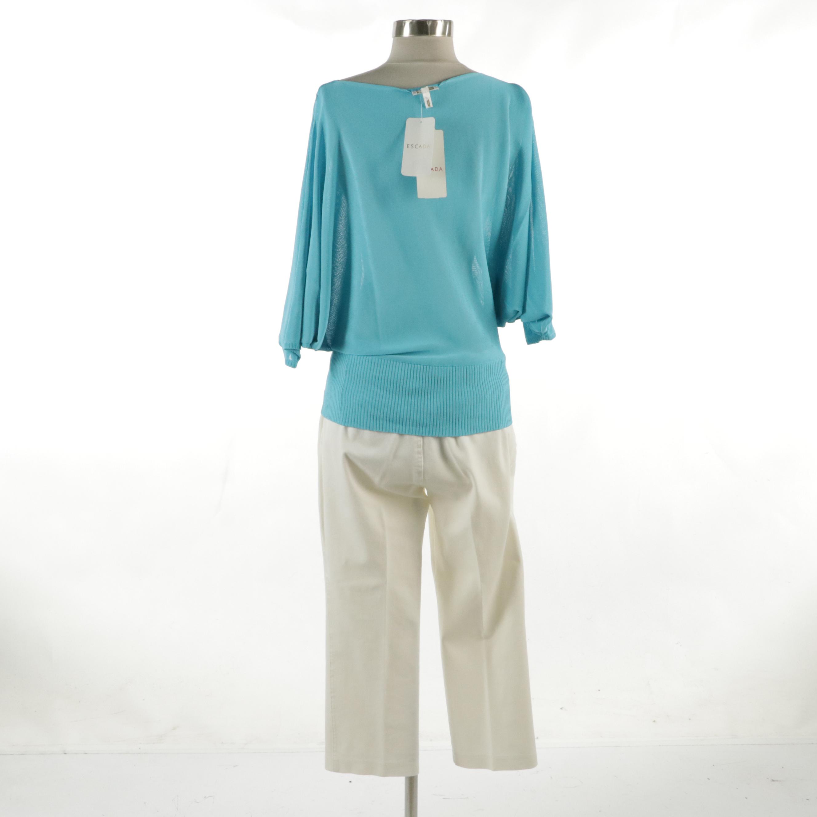 Escada Cut-Out Batwing Sleeve Pullover Knit Sweater and Cropped Stretch Jeans