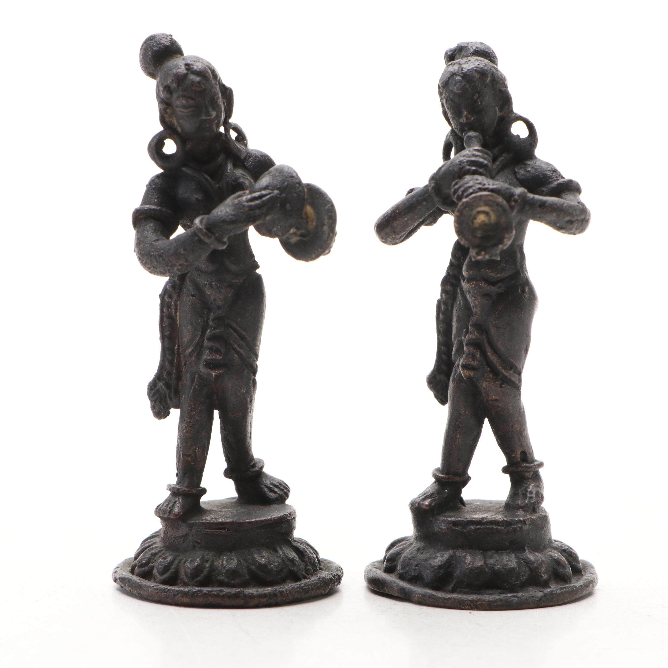 Pair of Indian Musical Apsaras Bronze Statues