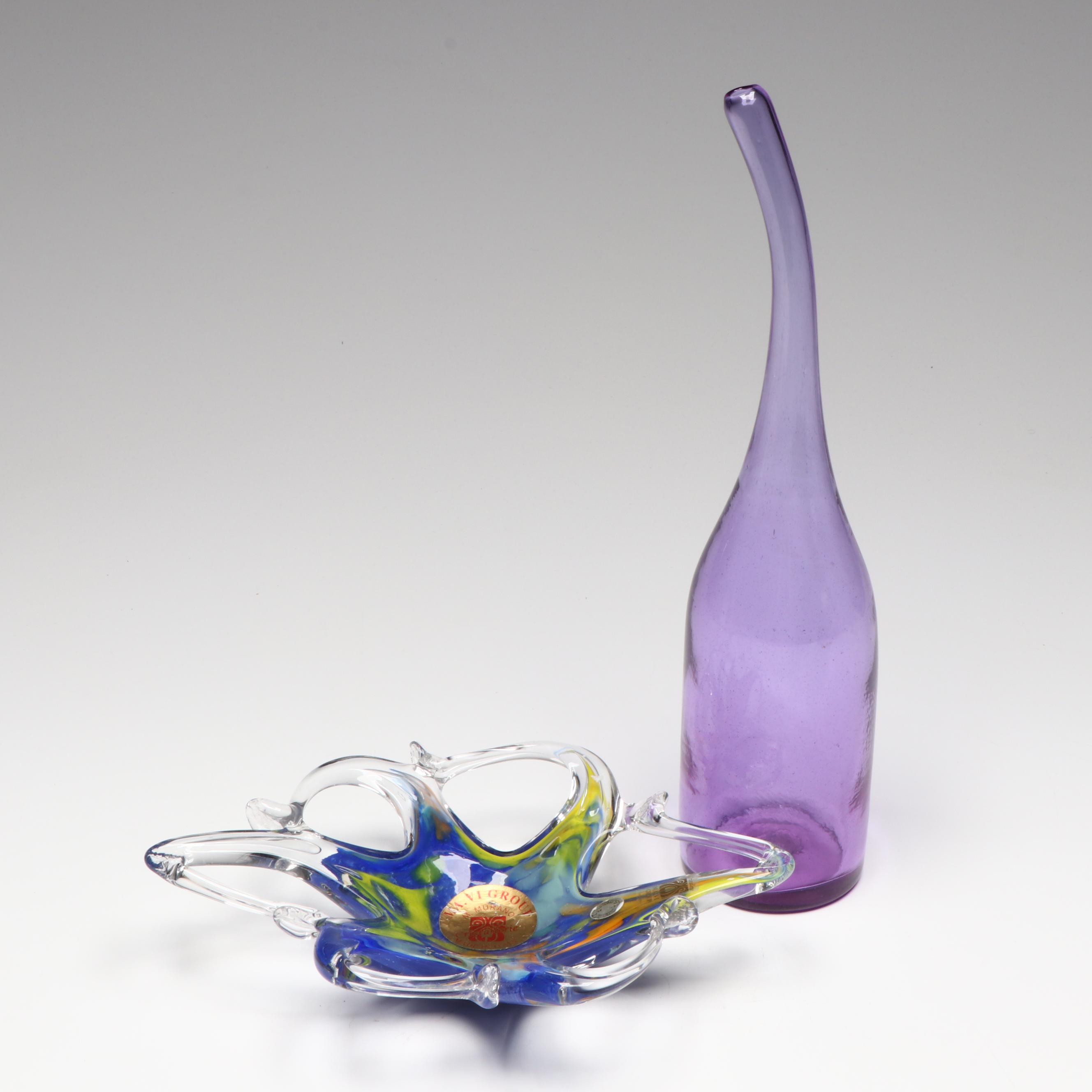 Cristallerie MA.VI Italian Murano Art Glass Bowl with Mid Century Bent Neck Vase