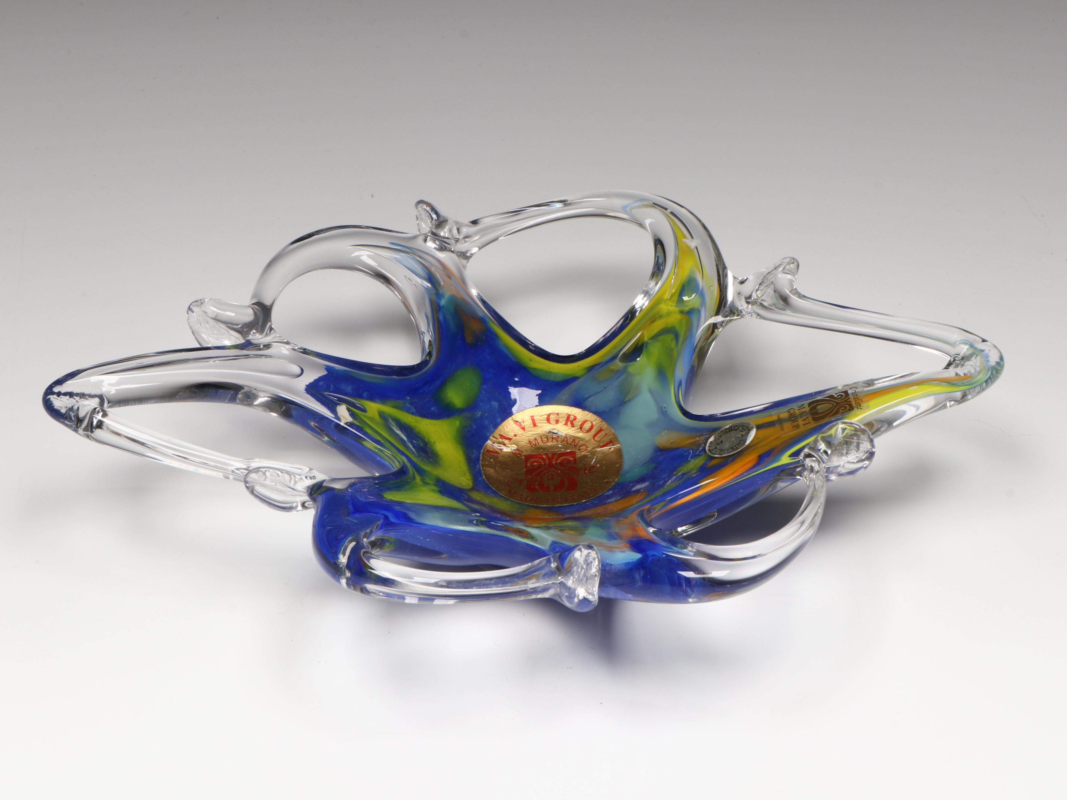 Cristallerie MA.VI Italian Murano Art Glass Bowl with Mid Century Bent Neck Vase