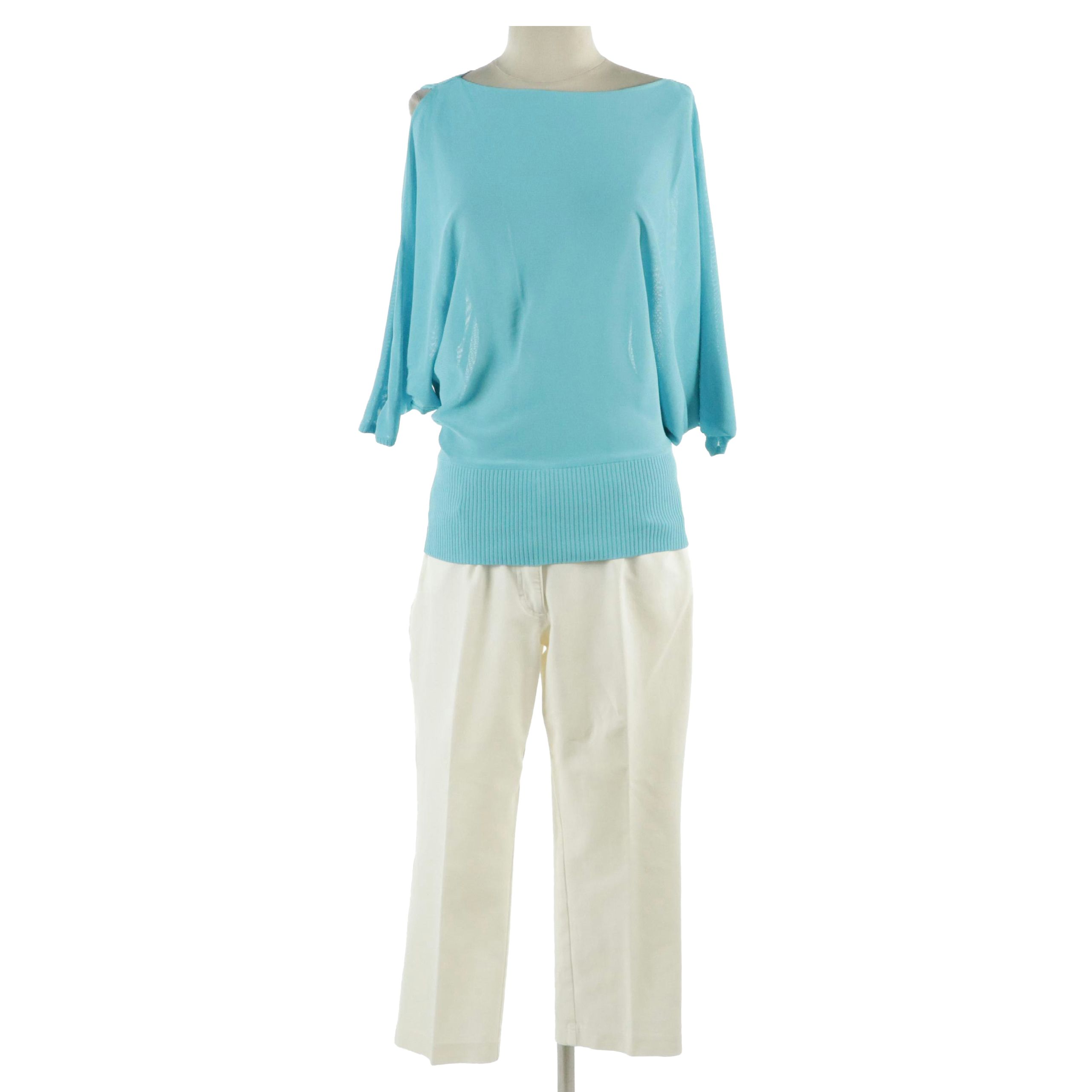 Escada Cut-Out Batwing Sleeve Pullover Knit Sweater and Cropped Stretch Jeans