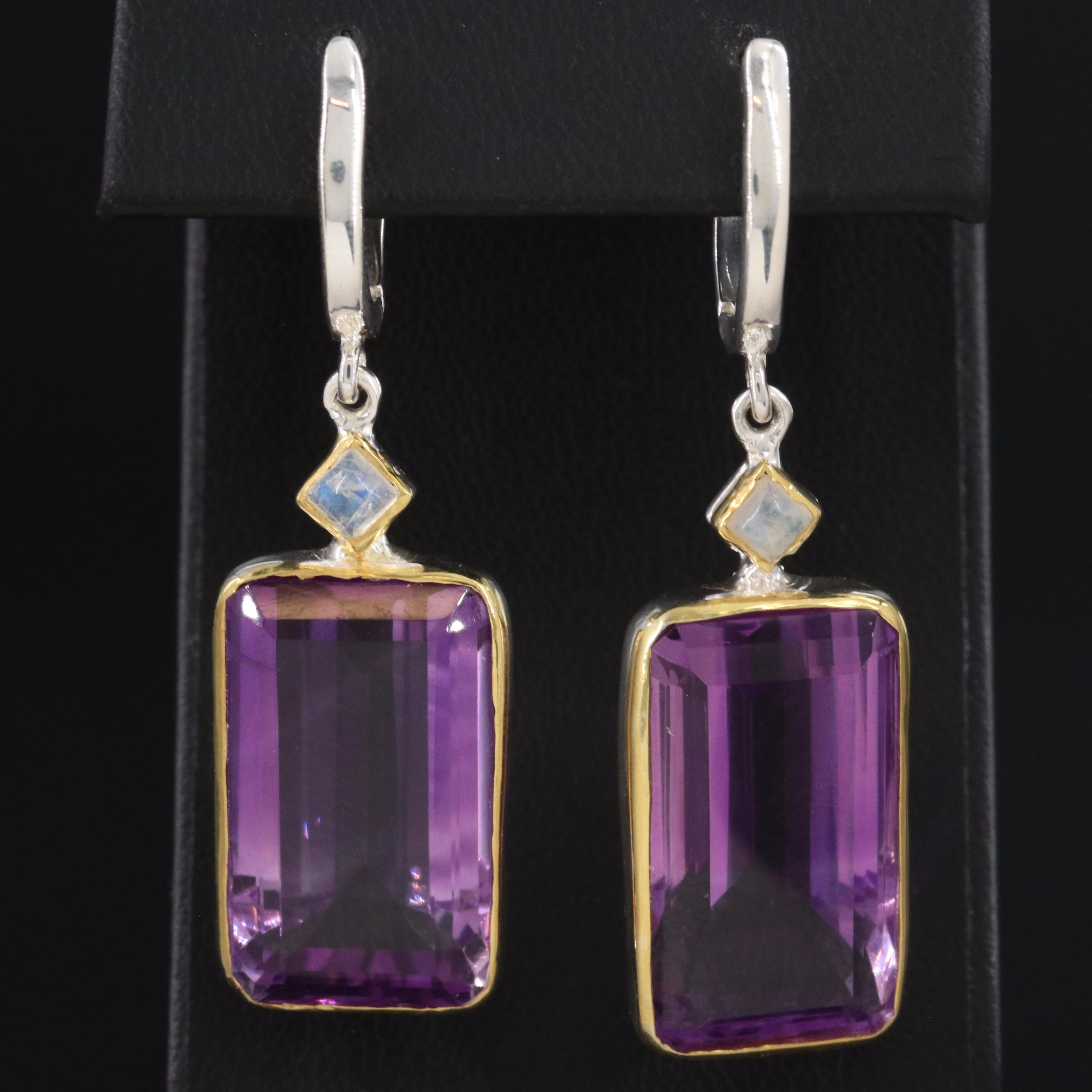 Sterling Amethyst and Rainbow Moonstone Earrings